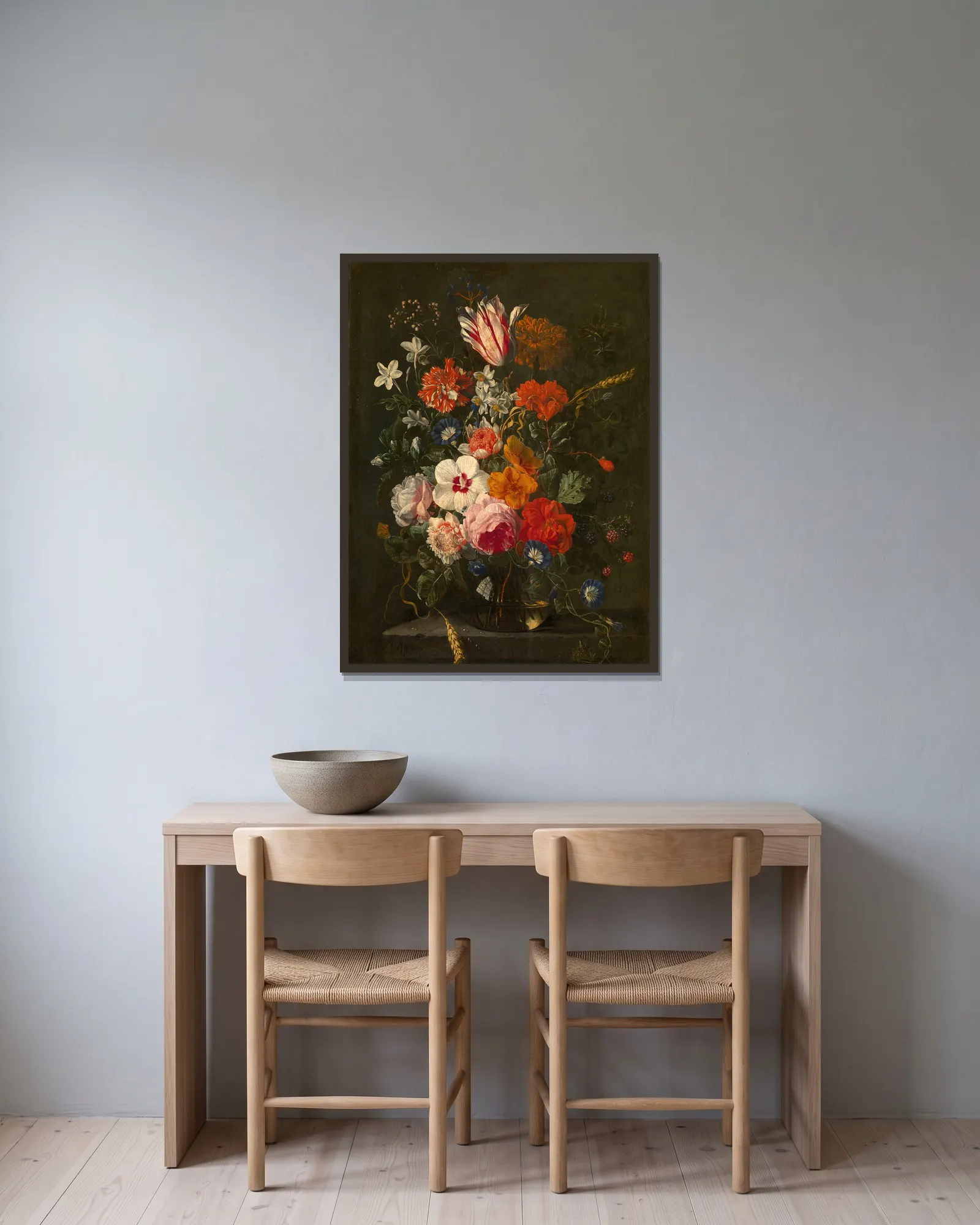 Flowers in a Vase av Abraham Mignon inramad på en vägg
