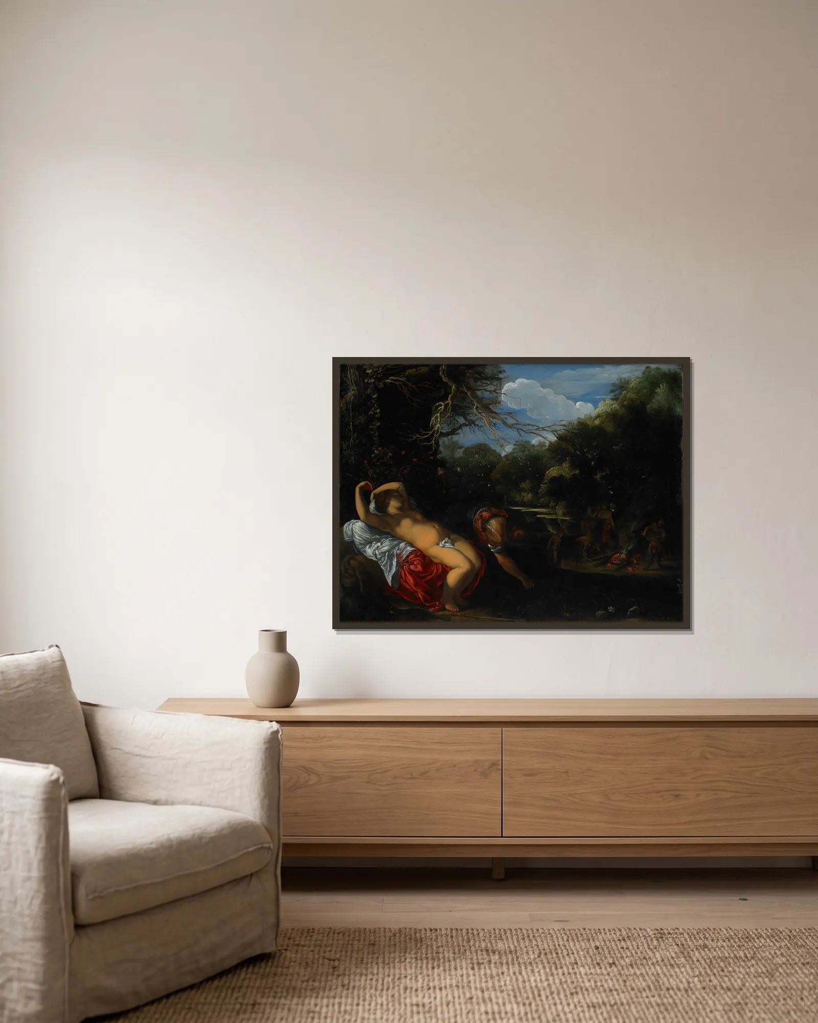 Apollo and Coronis av Adam Elsheimer inramad på en vägg
