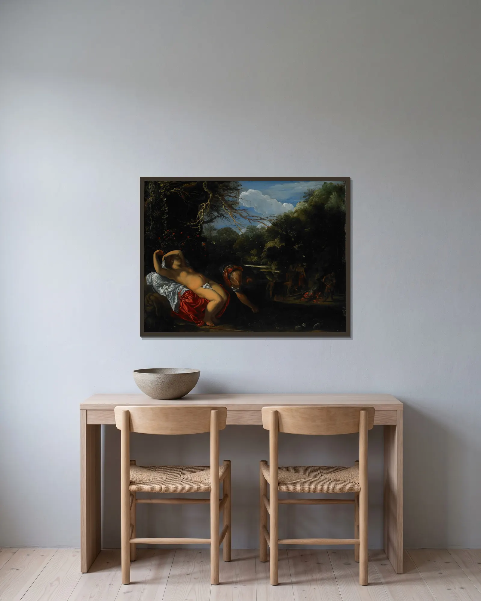 Apollo and Coronis av Adam Elsheimer inramad på en vägg