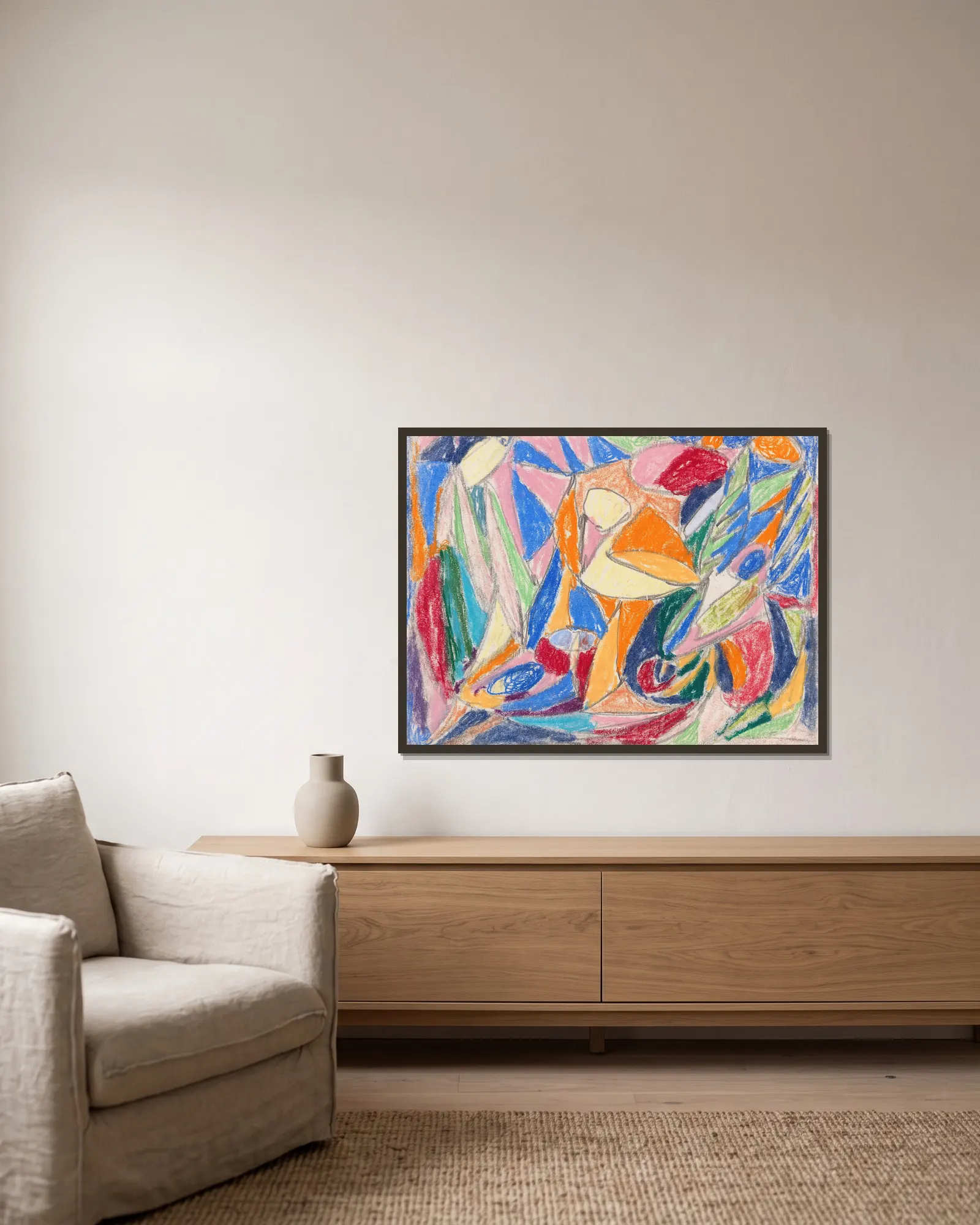 Ohne Titel av Adolf Hölzel inramad på en vägg