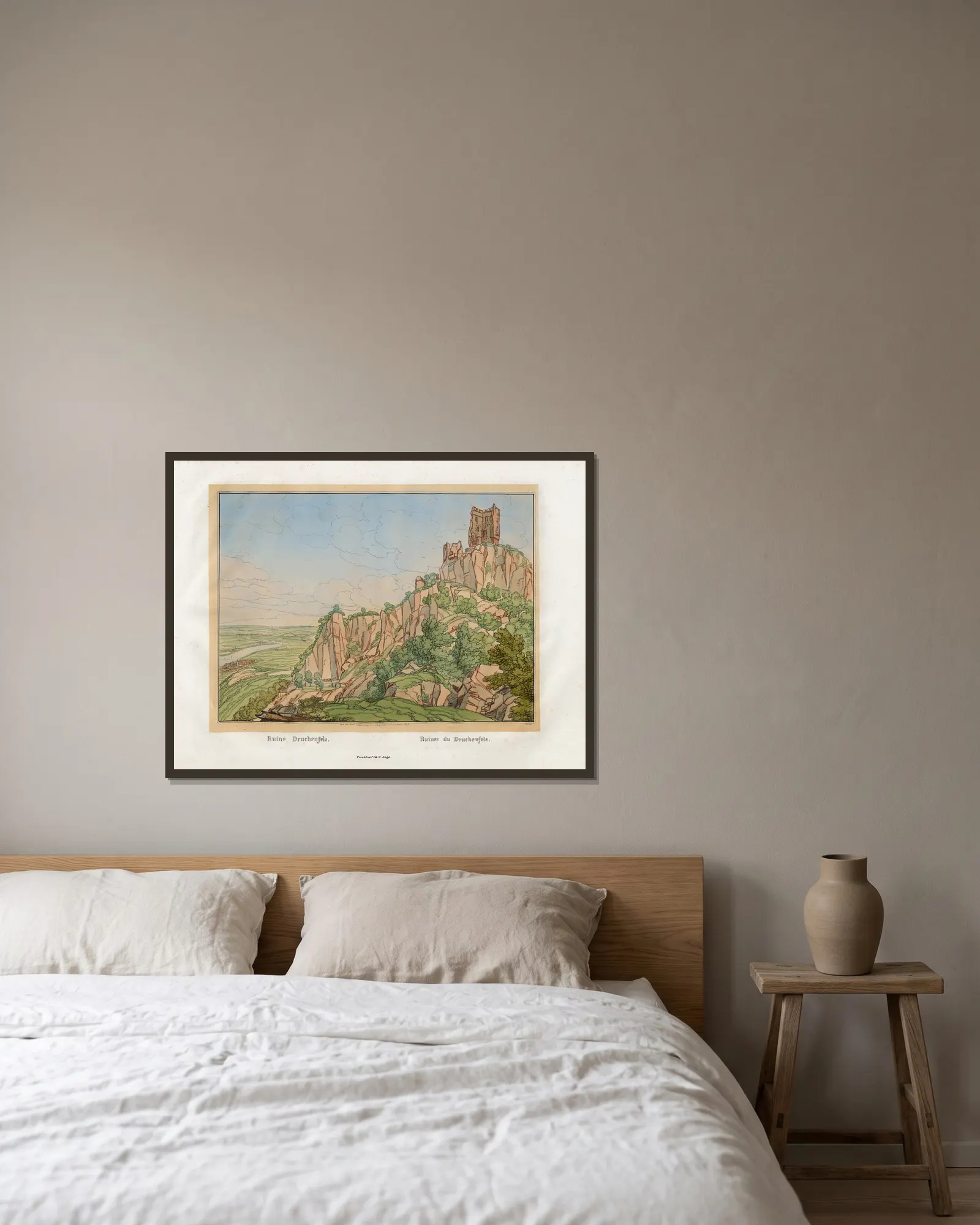 Ruines du Drachenfels av Johann Adolf Lasinsky inramad på en vägg