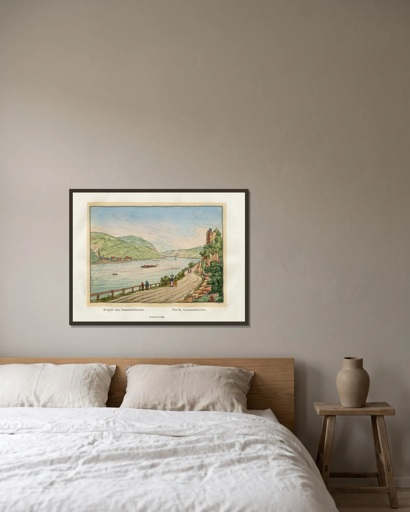Vue de Asmannshausen av Johann Adolf Lasinsky inramad på en vägg