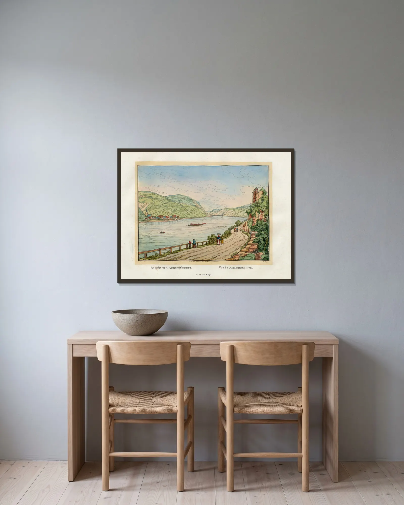 Vue de Asmannshausen av Johann Adolf Lasinsky inramad på en vägg