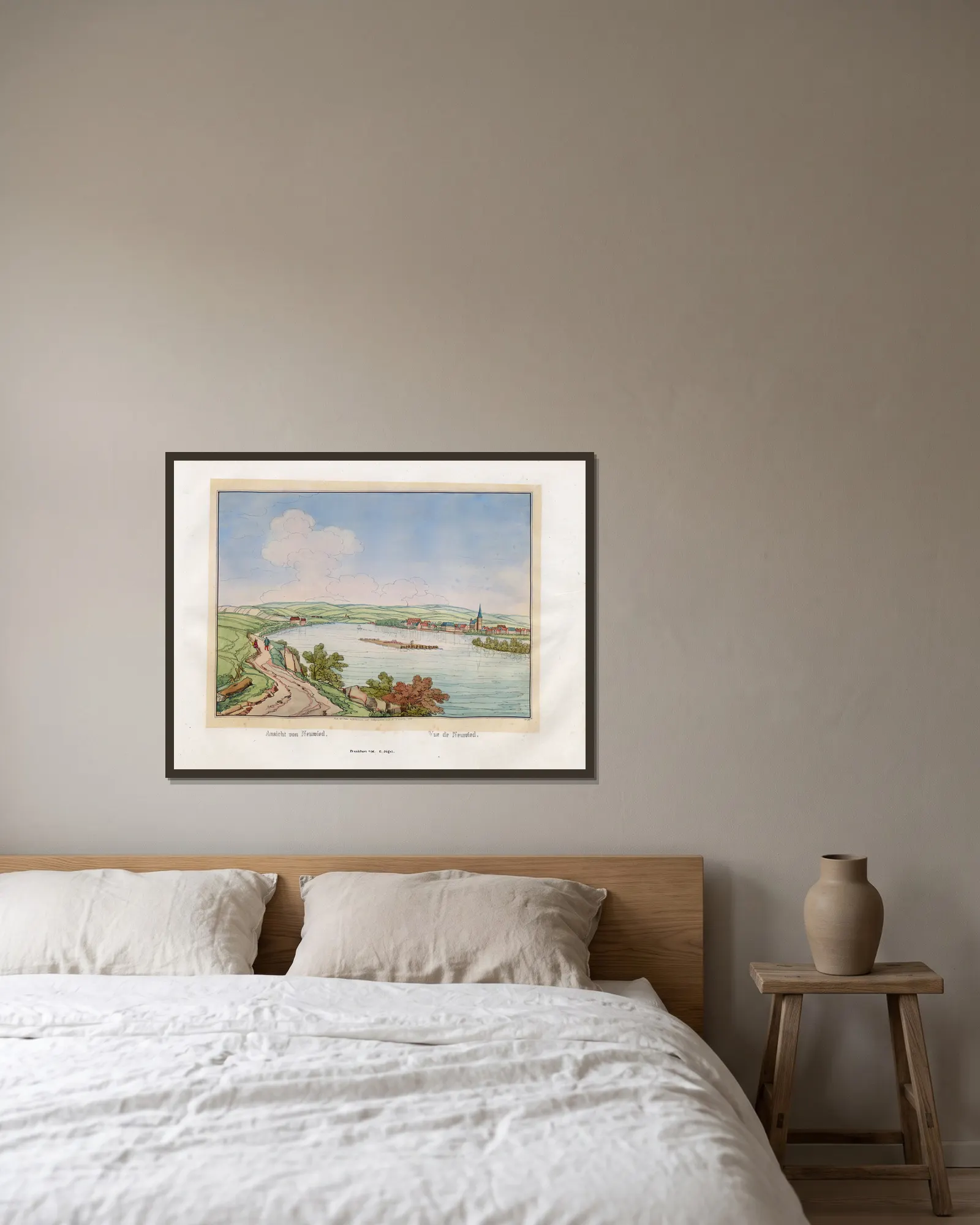 Vue de Neuwied av Johann Adolf Lasinsky inramad på en vägg