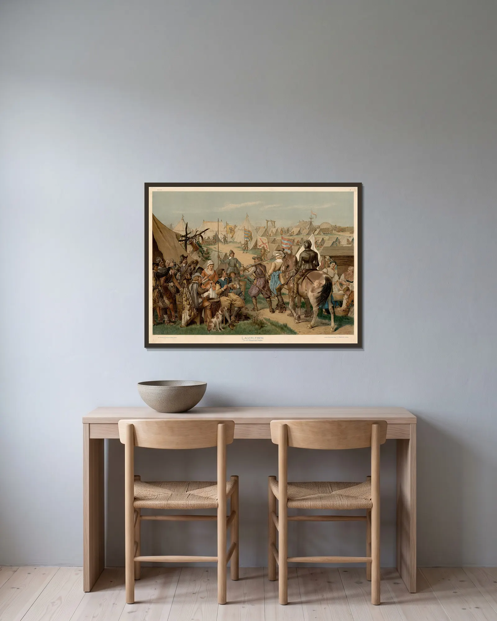Lagerleben. (Zeit des dreissigjähringen Krieges) av Adolf Lehmann inramad på en vägg