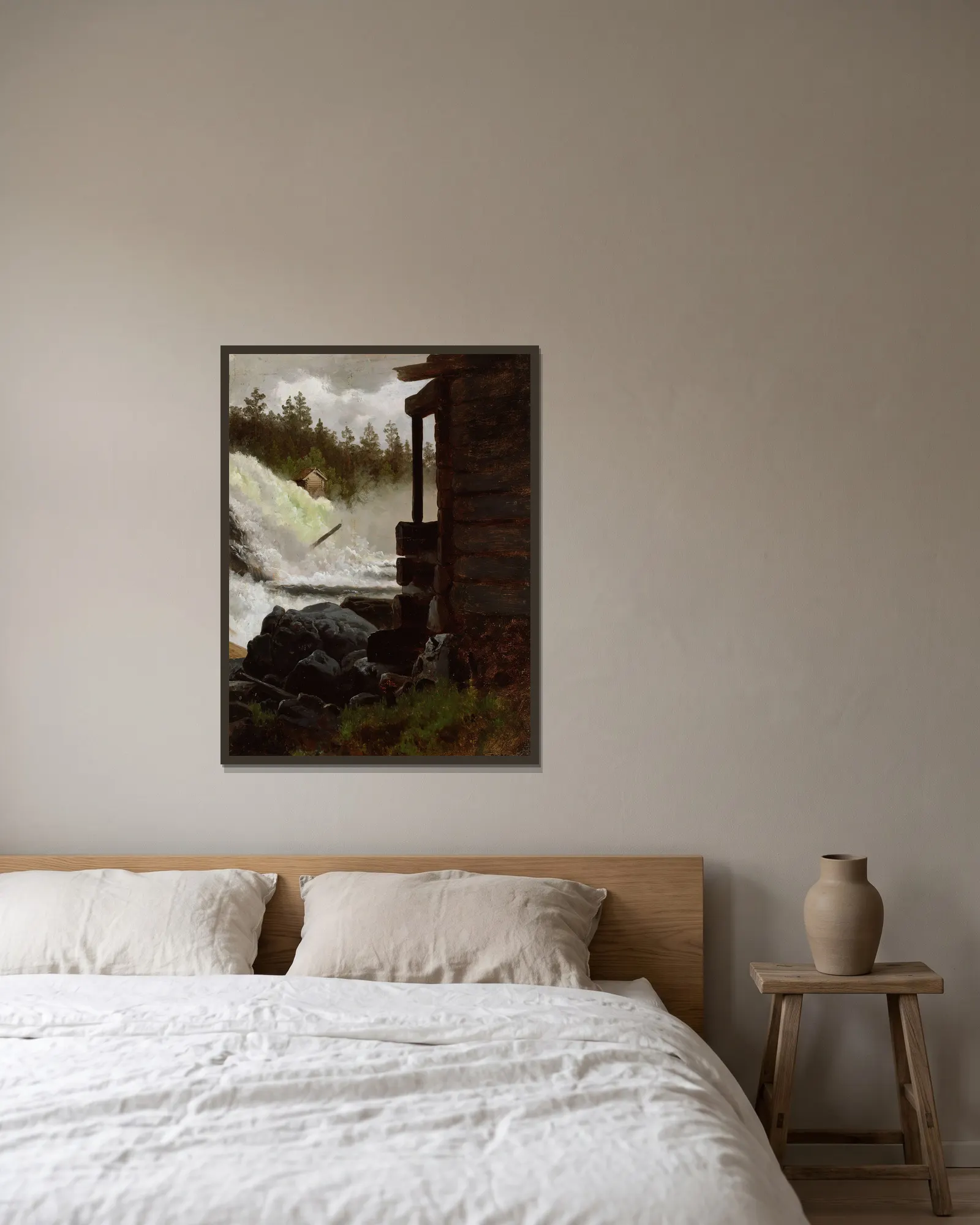 A Waterfall av Adolph Tidemand inramad på en vägg