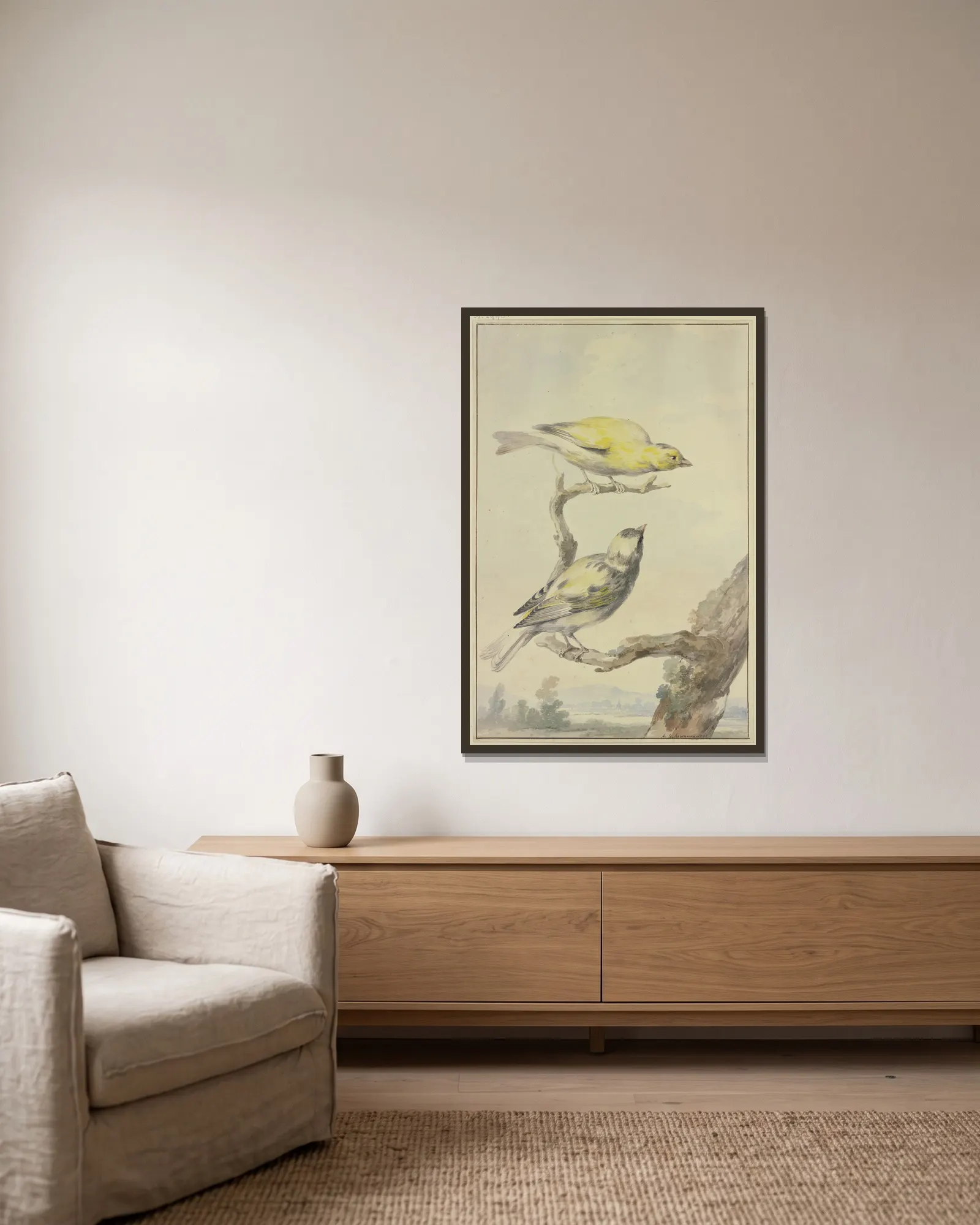 Two canaries av Aert Schouman inramad på en vägg