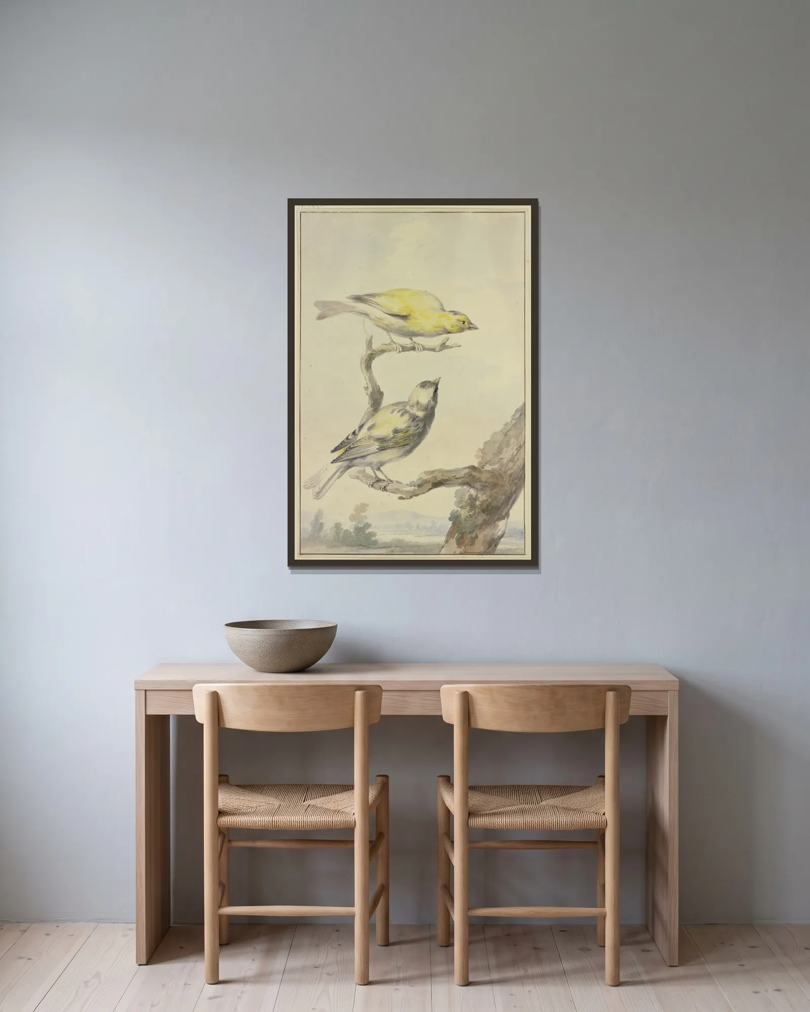 Two canaries av Aert Schouman inramad på en vägg