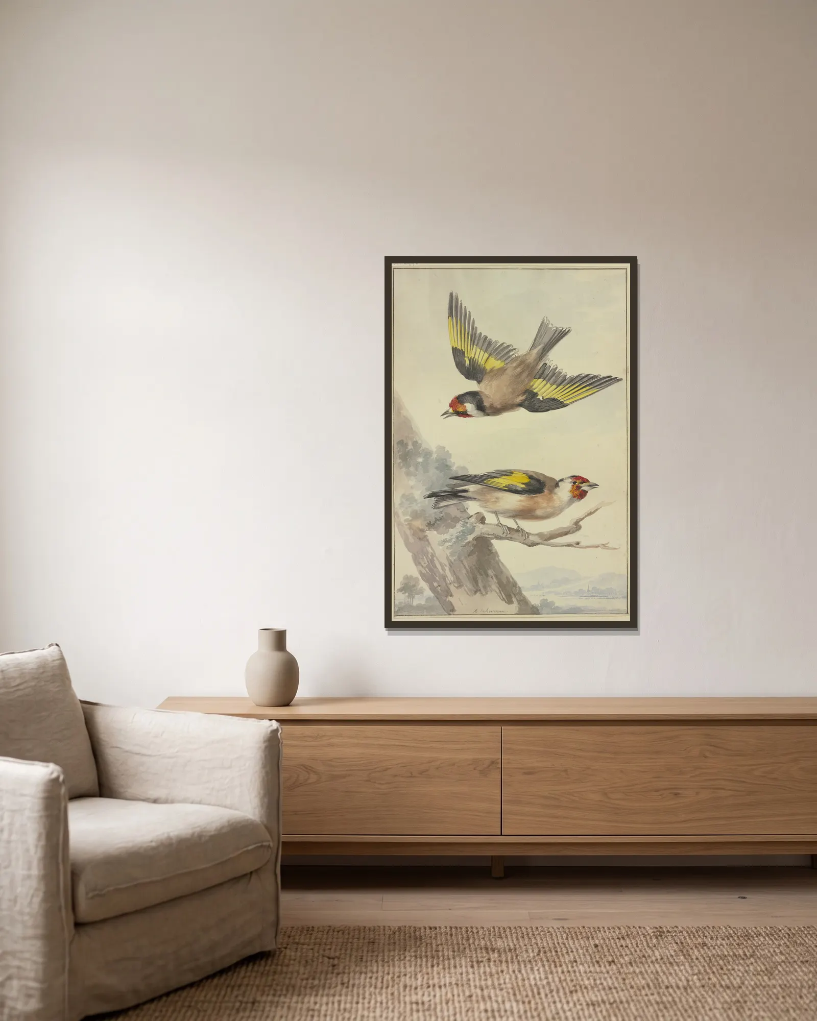 Two goldfinches av Aert Schouman inramad på en vägg