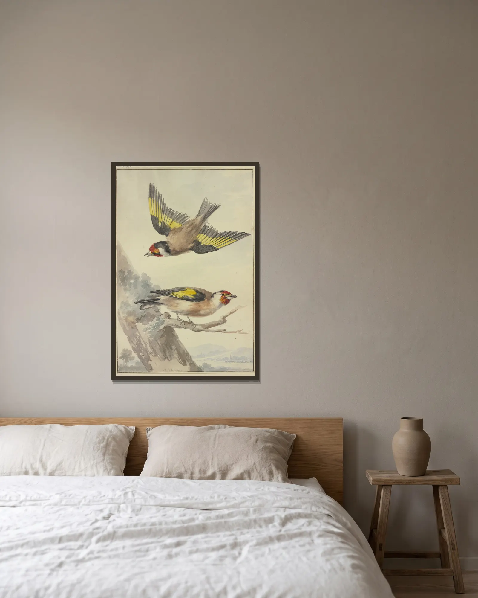 Two goldfinches av Aert Schouman inramad på en vägg