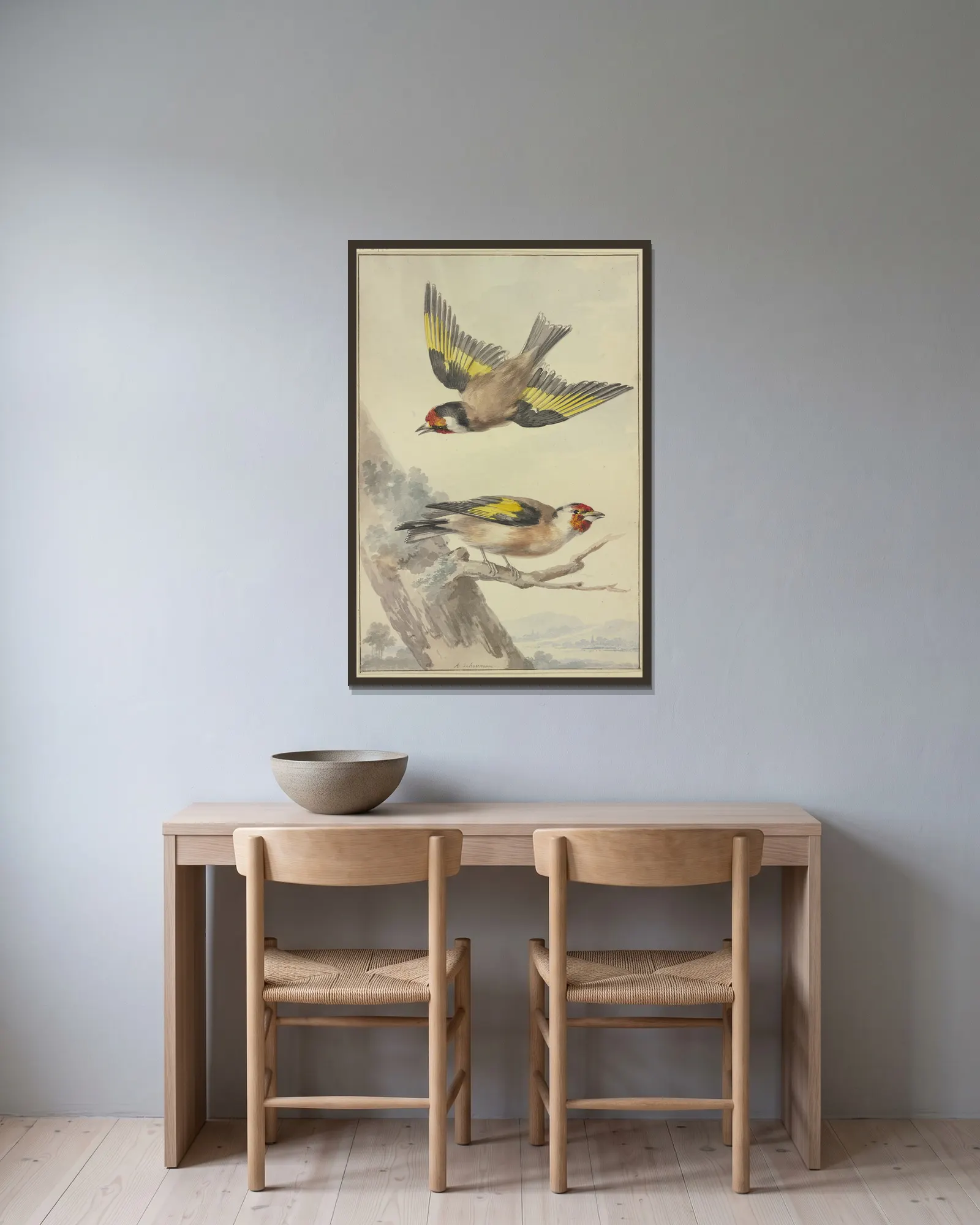 Two goldfinches av Aert Schouman inramad på en vägg