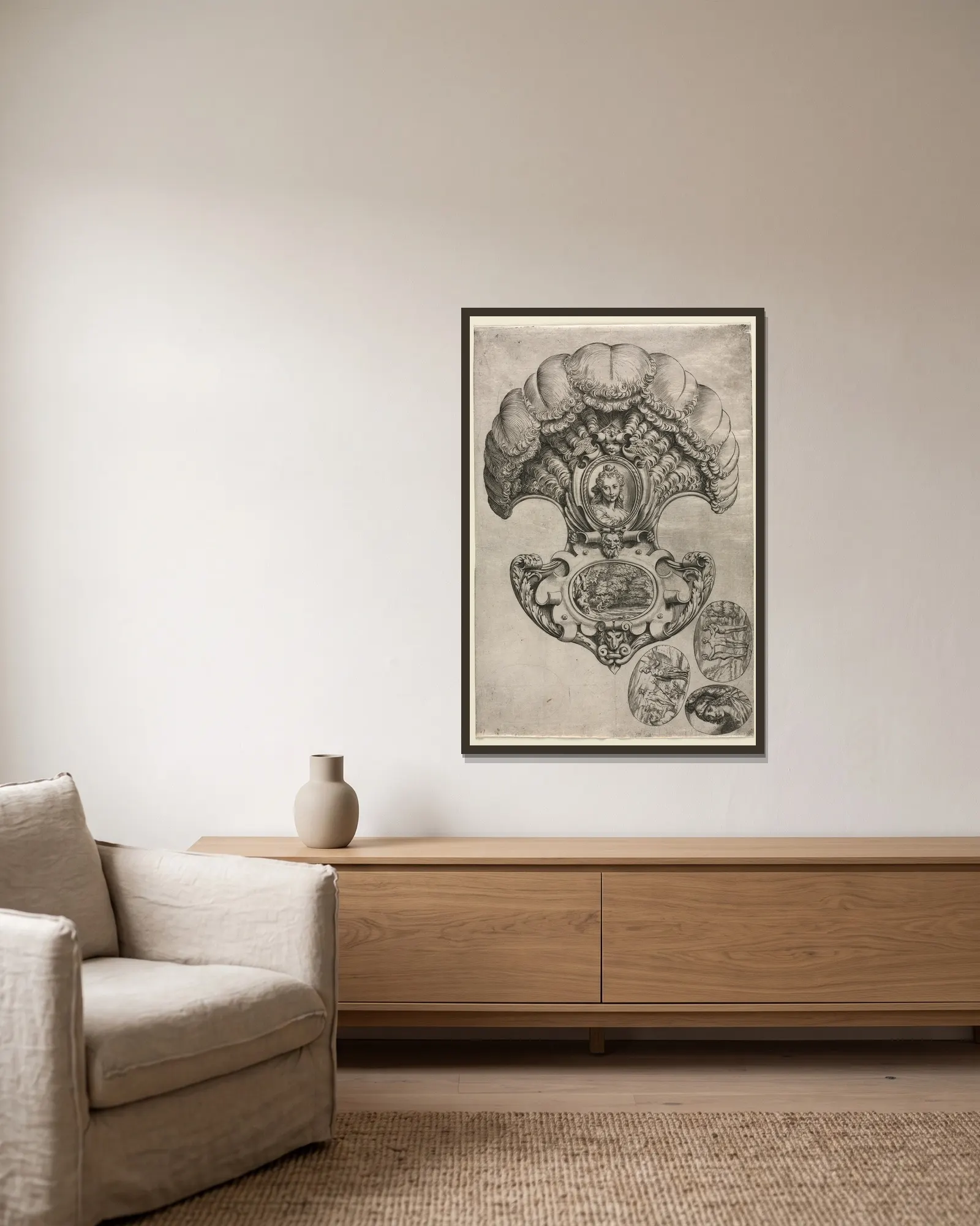 The Fan (L’Eventail) av Agostino Carracci inramad på en vägg