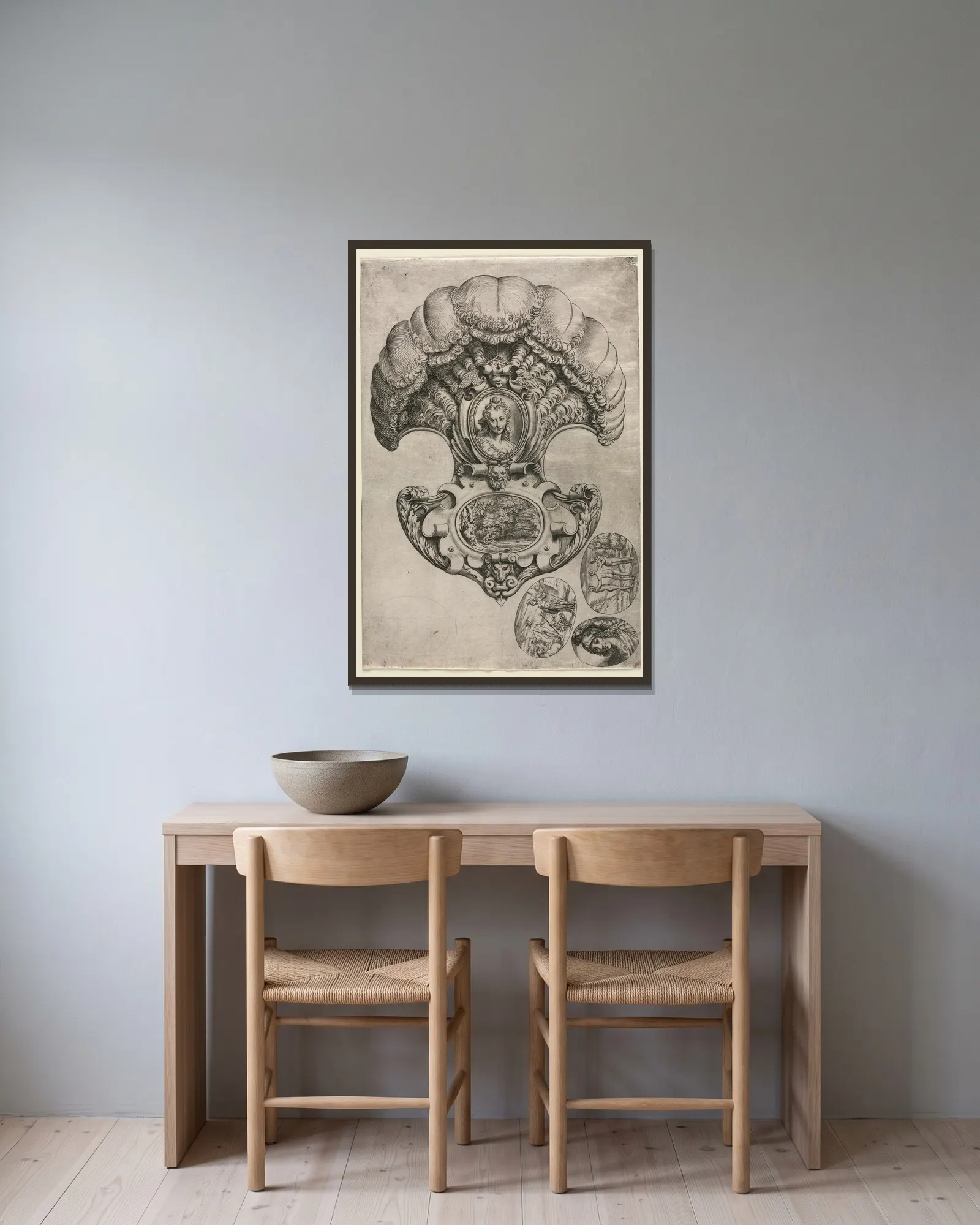 The Fan (L’Eventail) av Agostino Carracci inramad på en vägg