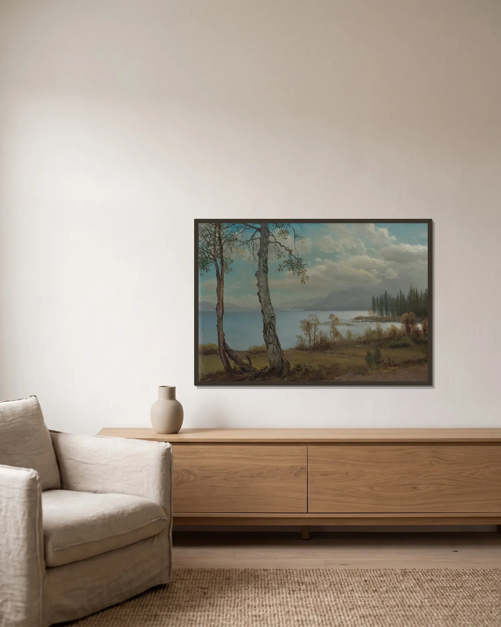 Lake Tahoe av Albert Bierstadt inramad på en vägg