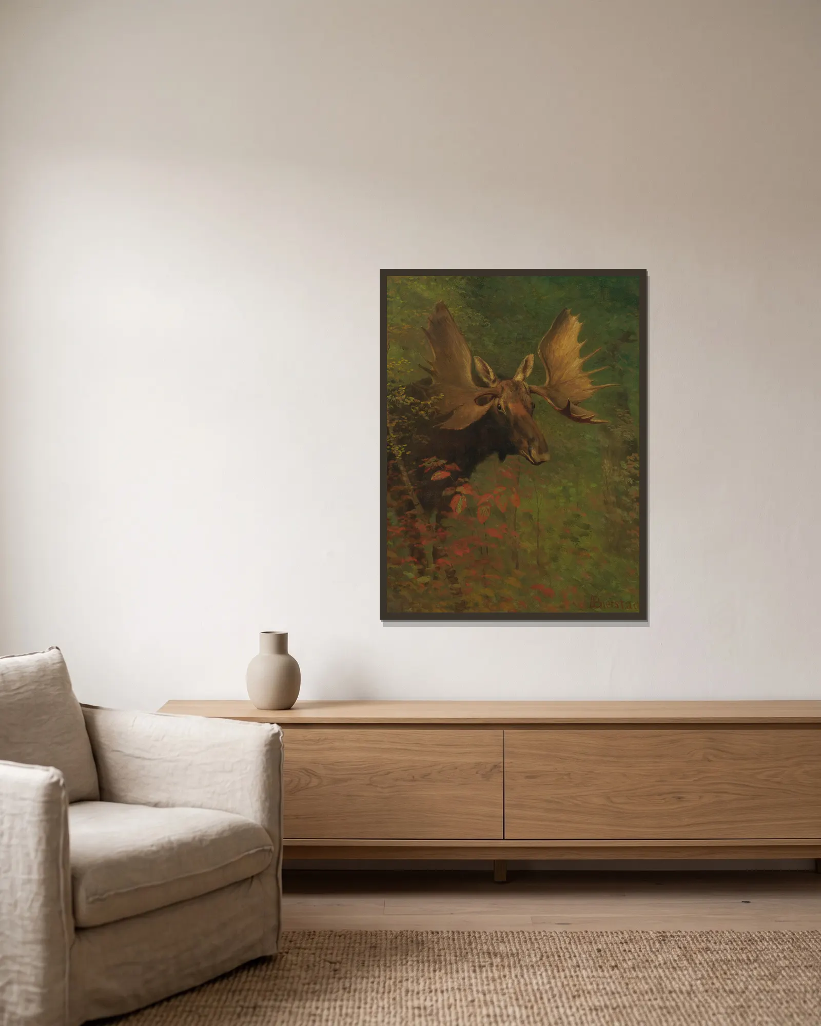 Study Of A Moose av Albert Bierstadt inramad på en vägg