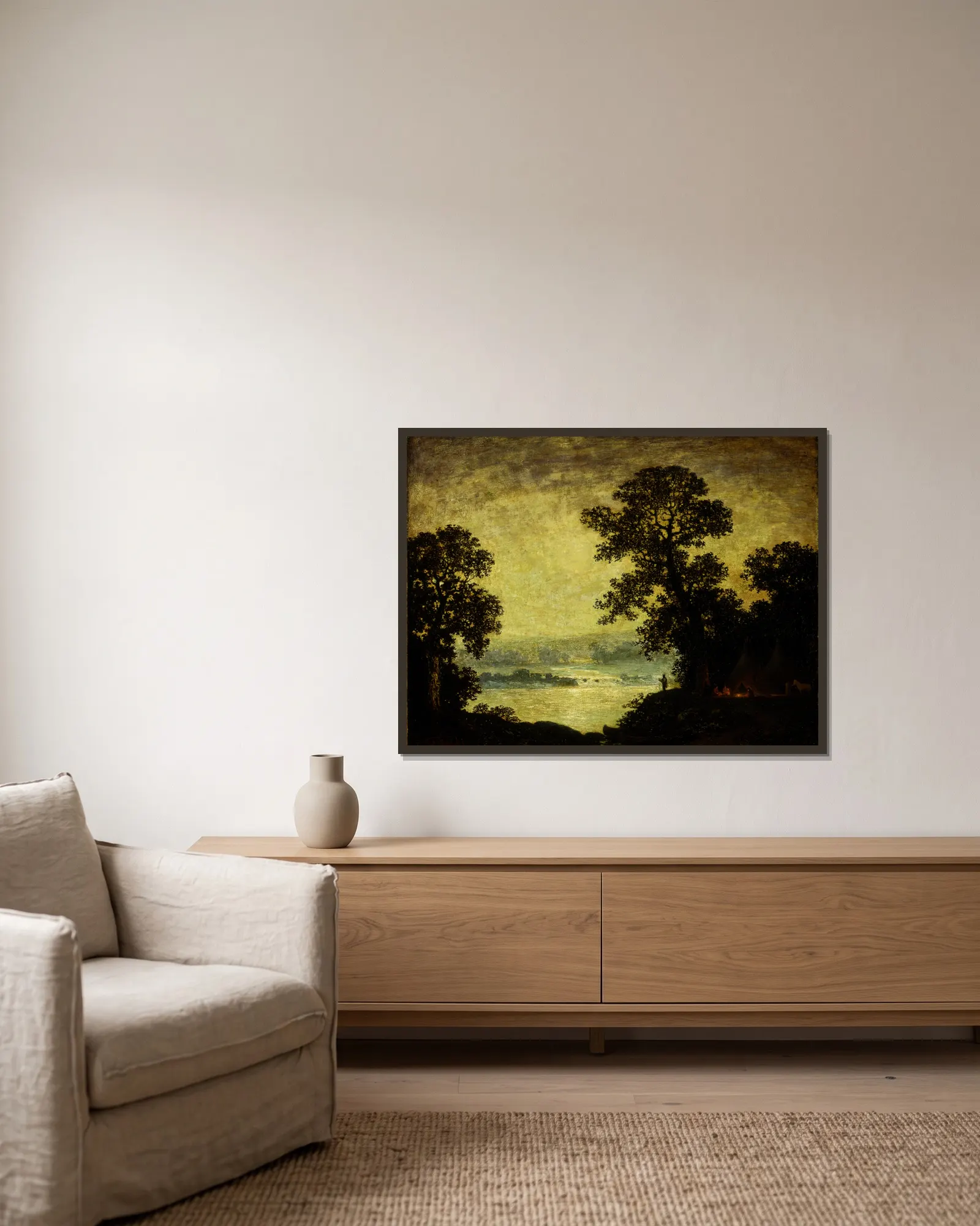 Moonlight, Indian Encampment av Ralph Albert Blakelock inramad på en vägg