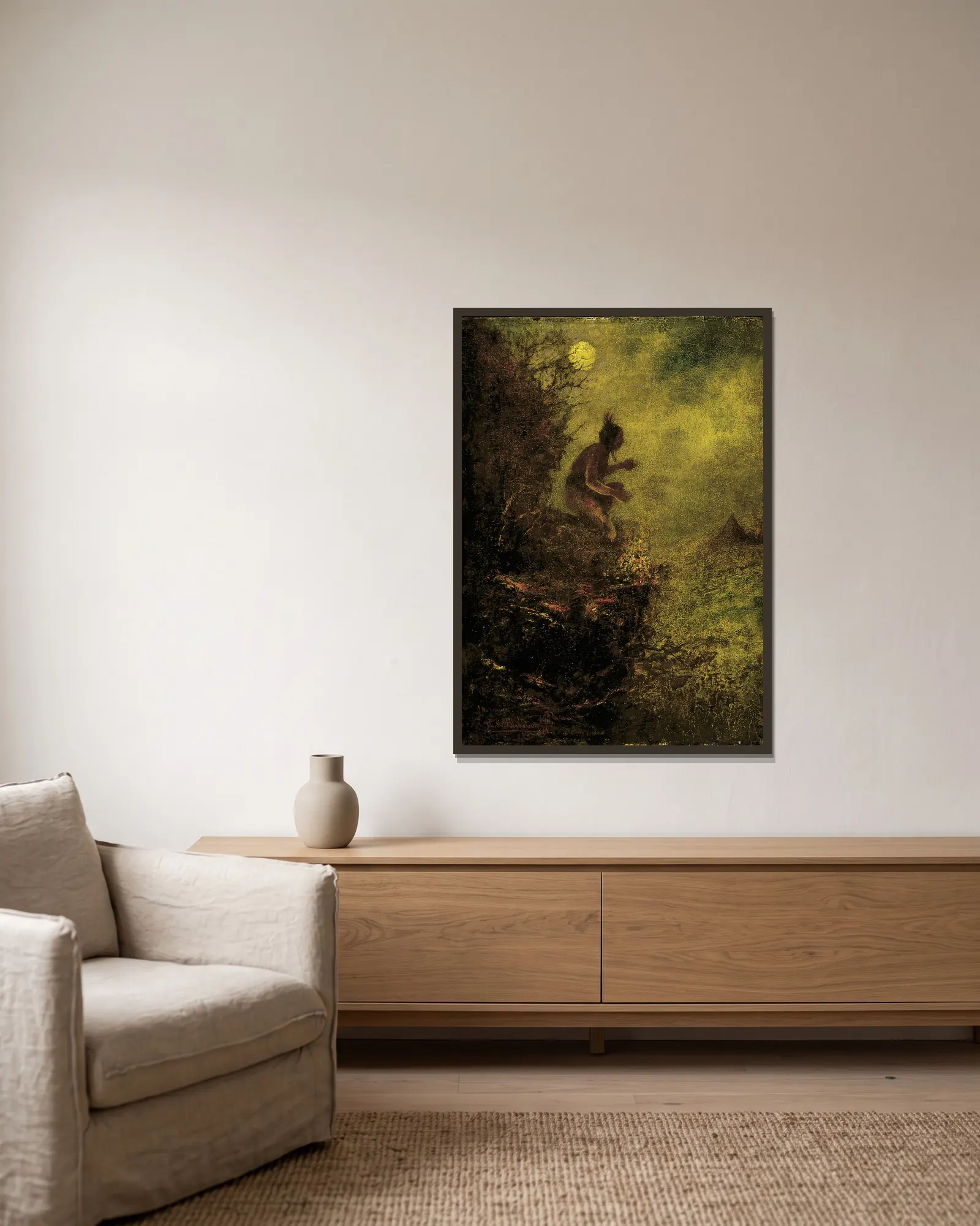 The Signal Fire av Ralph Albert Blakelock inramad på en vägg