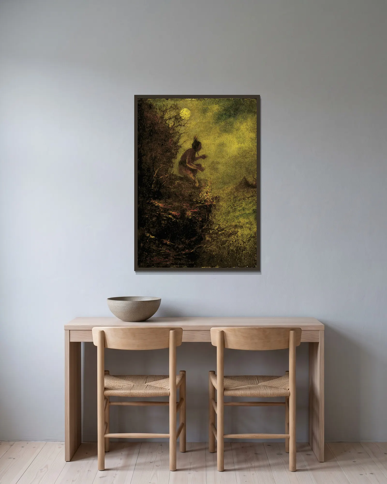 The Signal Fire av Ralph Albert Blakelock inramad på en vägg