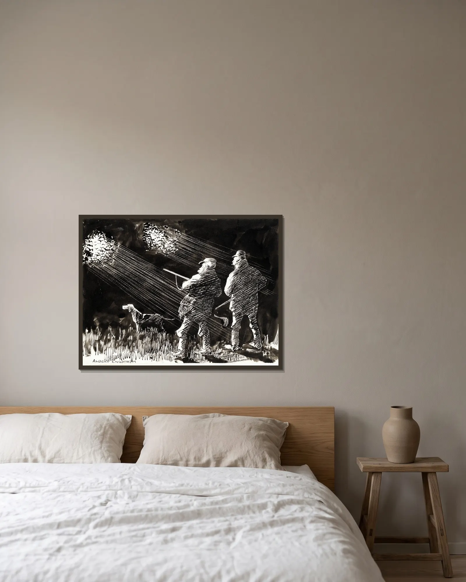 Hunting Life av Albert Engström inramad på en vägg