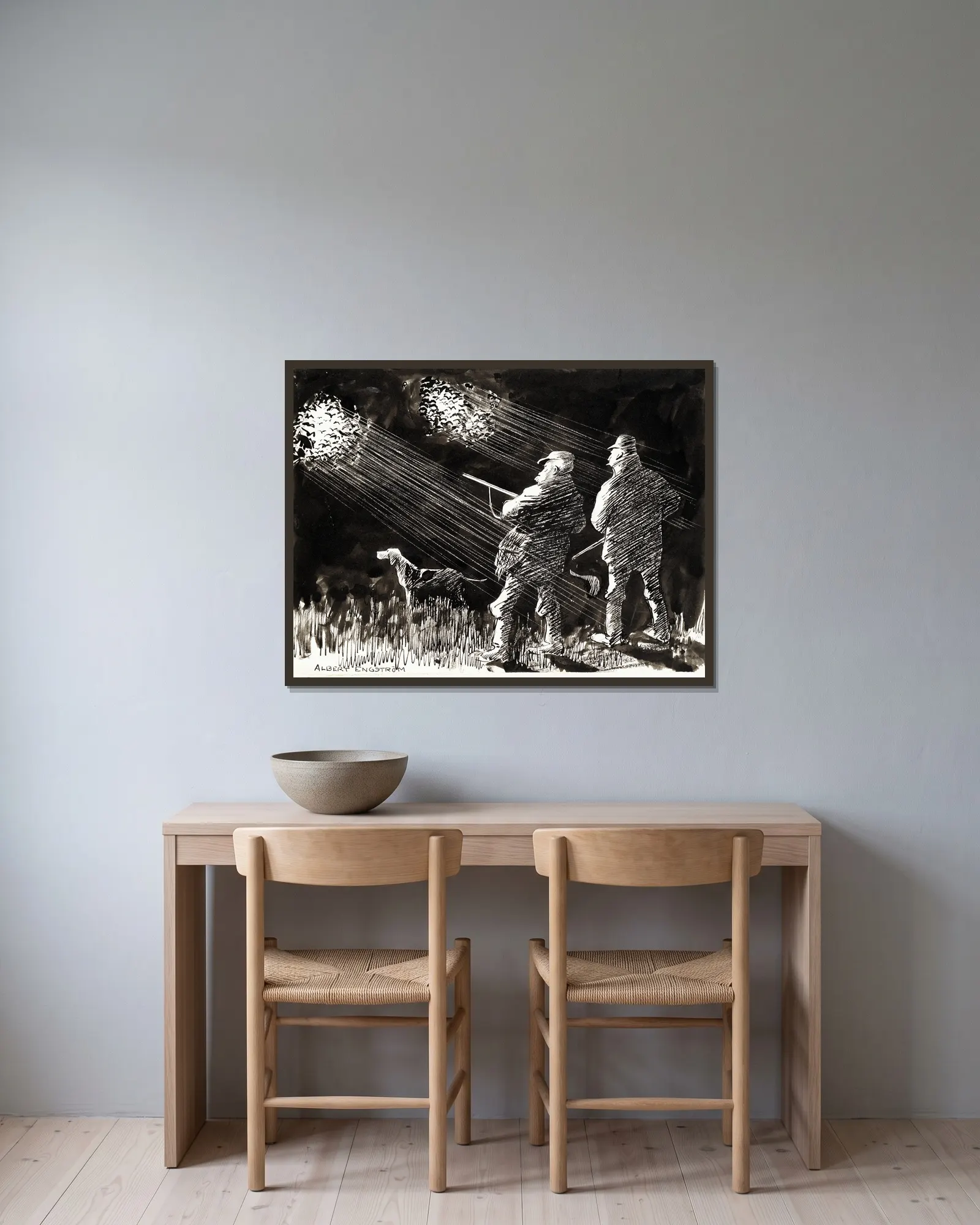 Hunting Life av Albert Engström inramad på en vägg