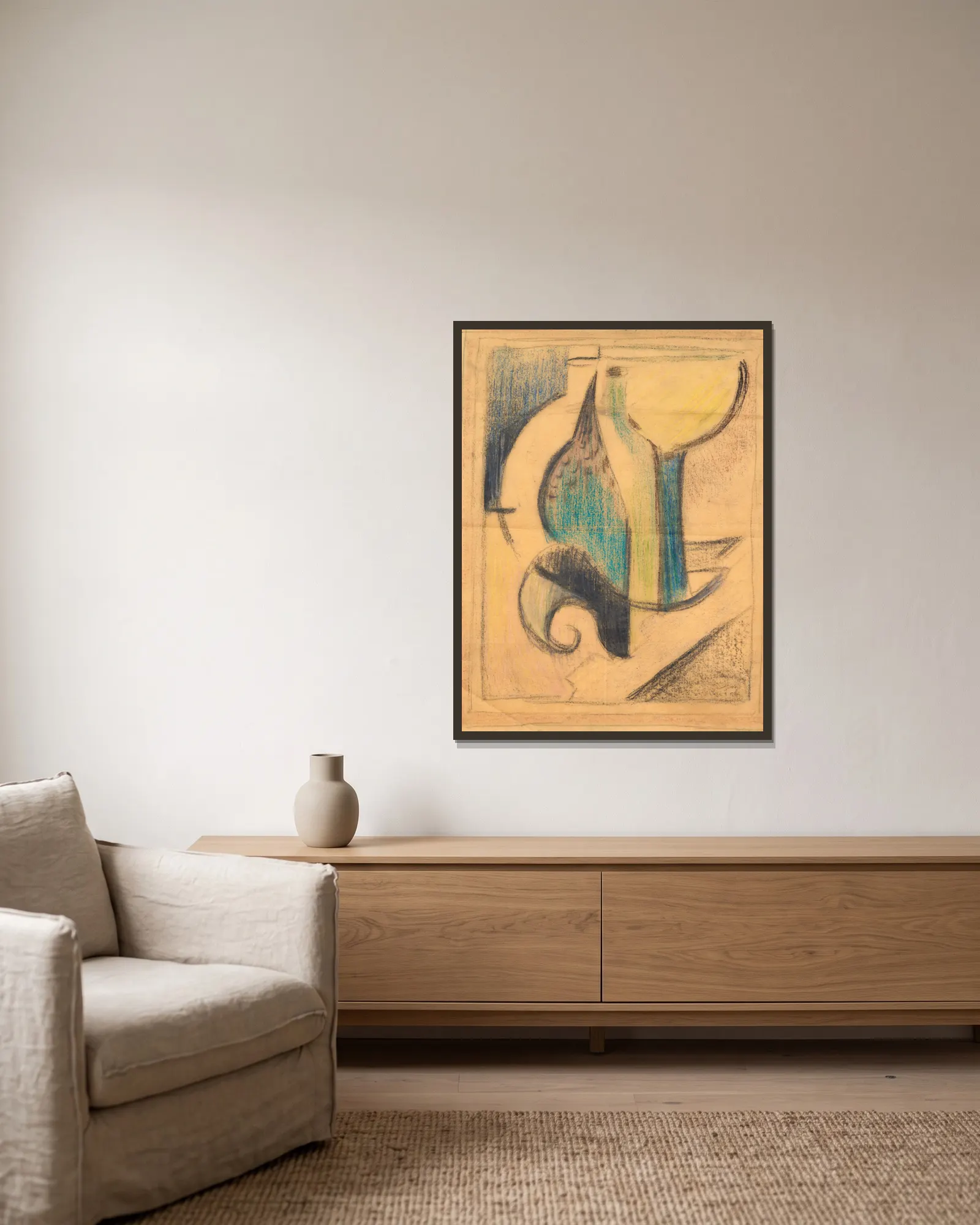 Nature morte avec bouteille (étude) av Albert Gleizes inramad på en vägg