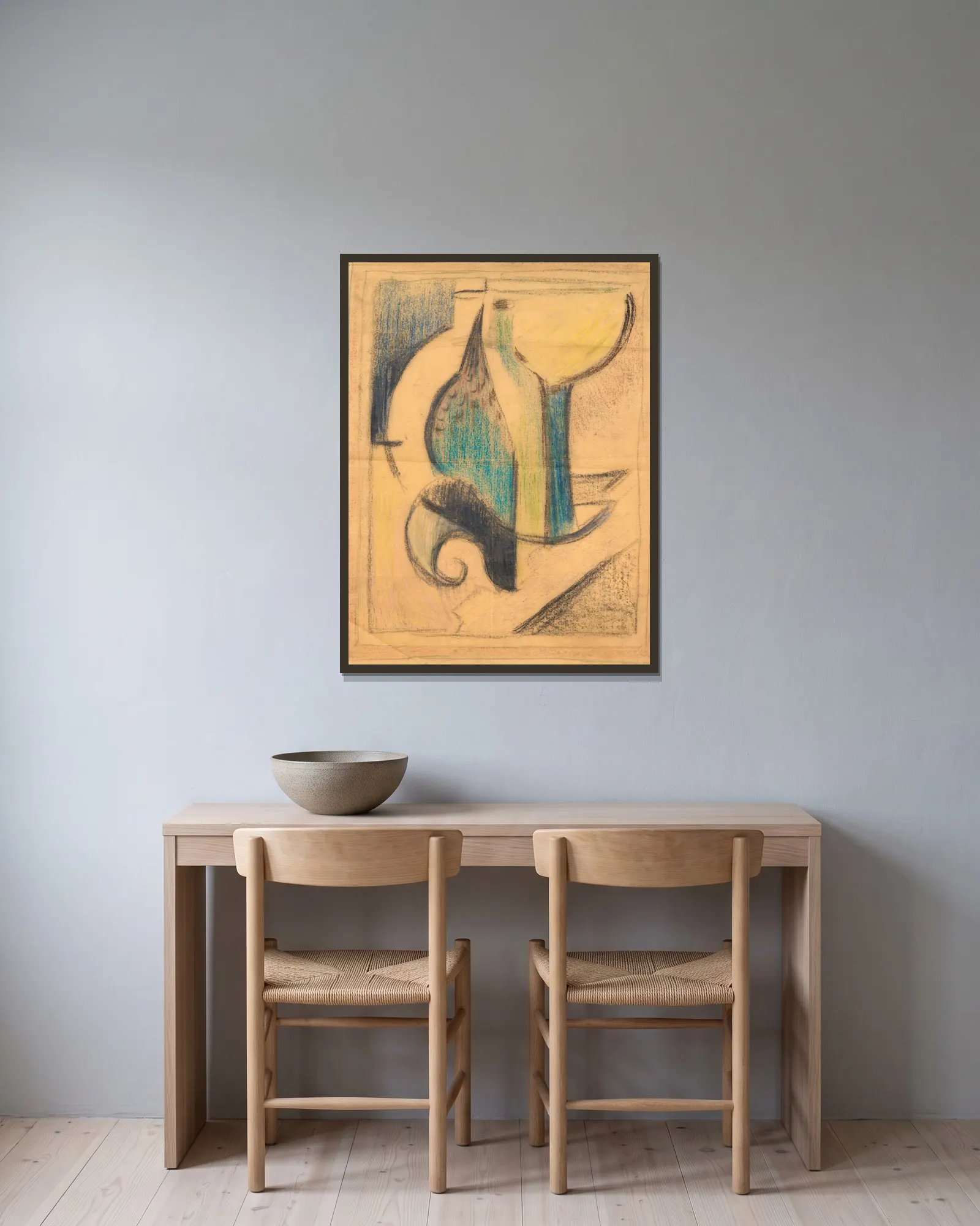 Nature morte avec bouteille (étude) av Albert Gleizes inramad på en vägg