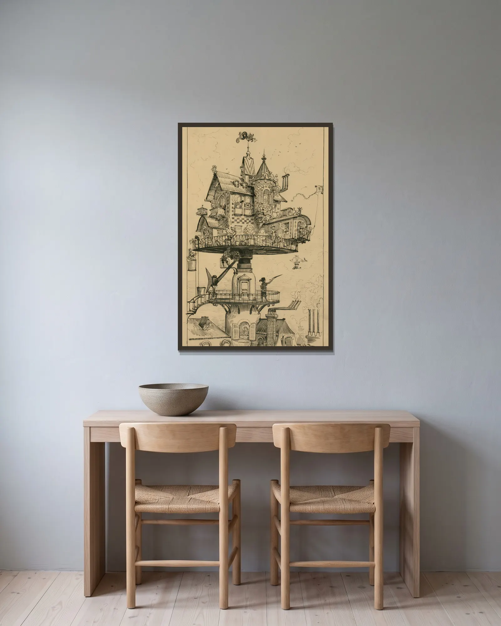 Aerial house av Albert Robida inramad på en vägg