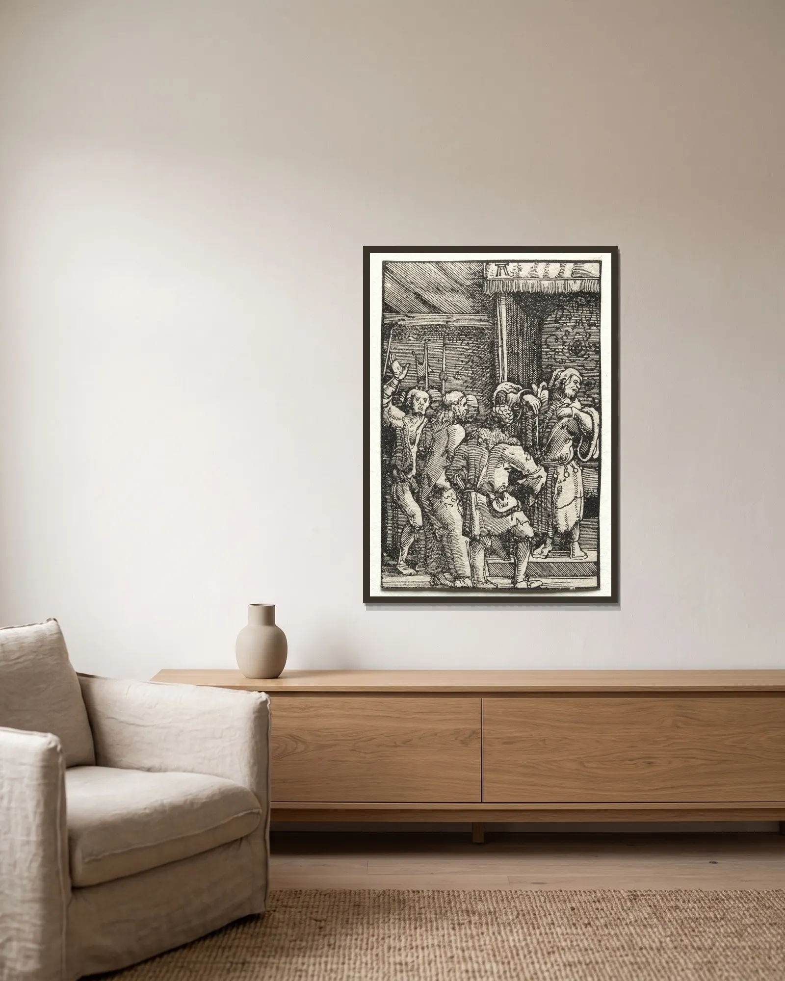 Christ before Caiaphas av Albrecht Altdorfer inramad på en vägg