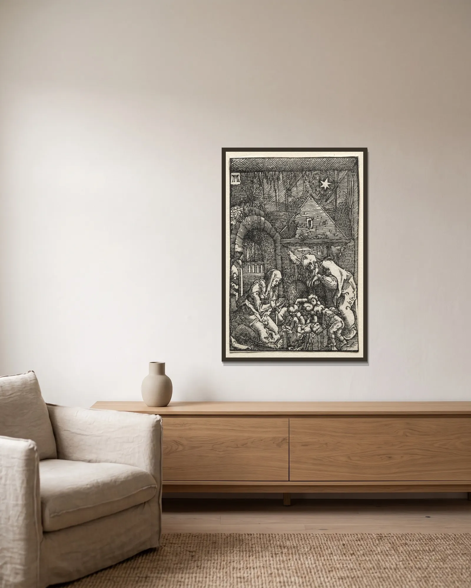 The Nativity av Albrecht Altdorfer inramad på en vägg