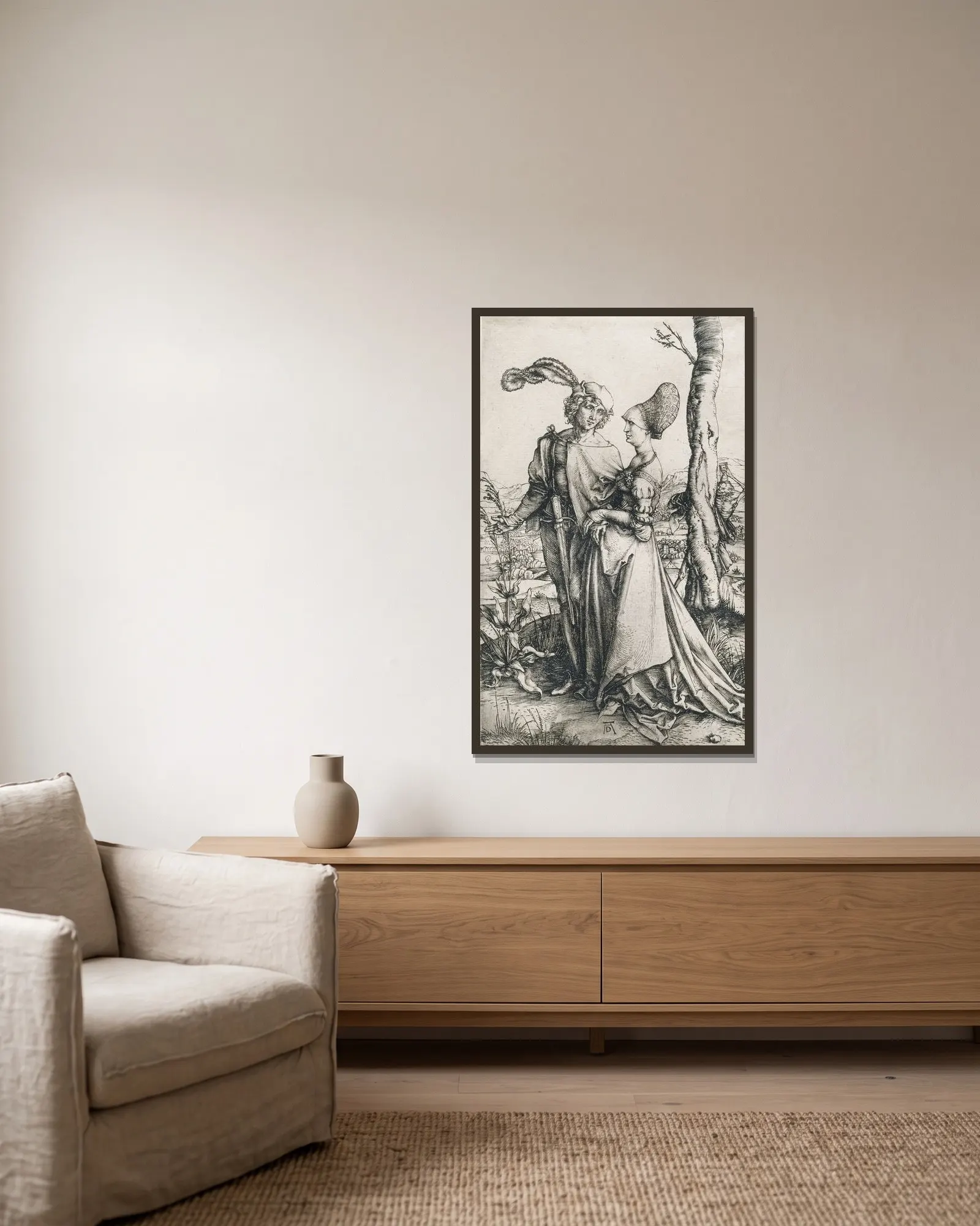 Death and the Lovers av Albrecht Dürer inramad på en vägg