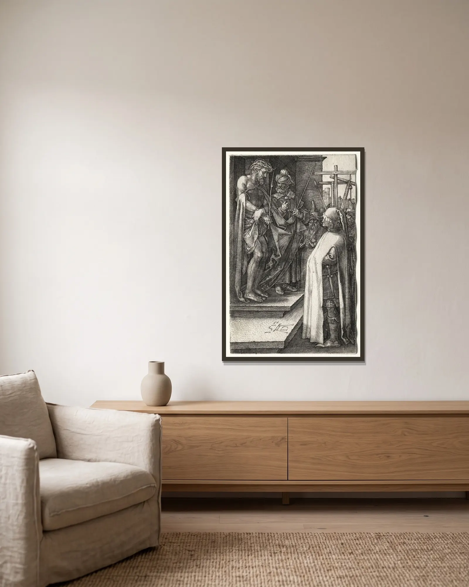 Ecce Homo av Albrecht Dürer inramad på en vägg