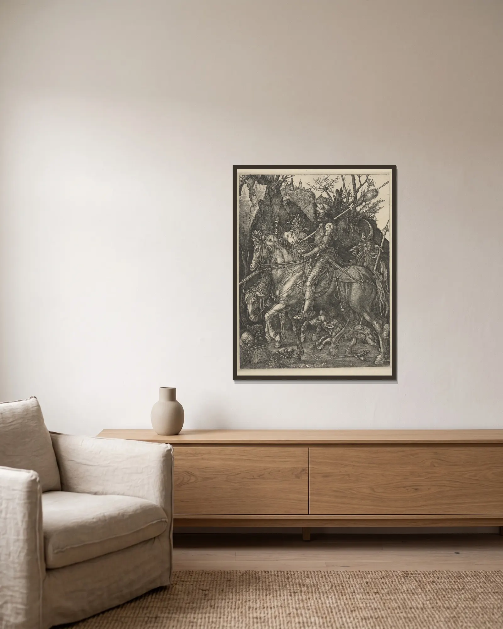 Knight, death and the devil – nr 1 av Albrecht Dürer inramad på en vägg