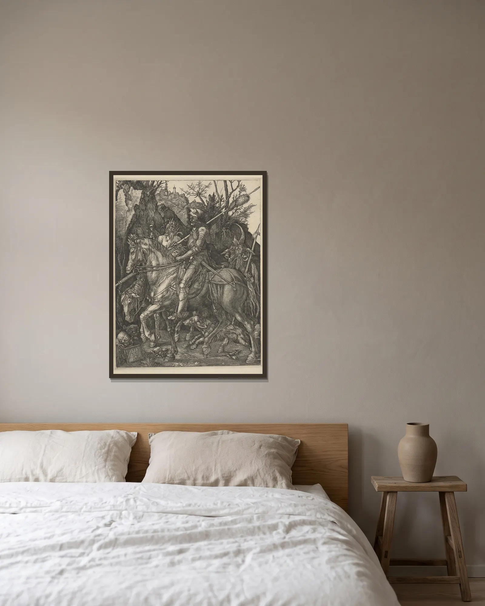 Knight, death and the devil – nr 1 av Albrecht Dürer inramad på en vägg