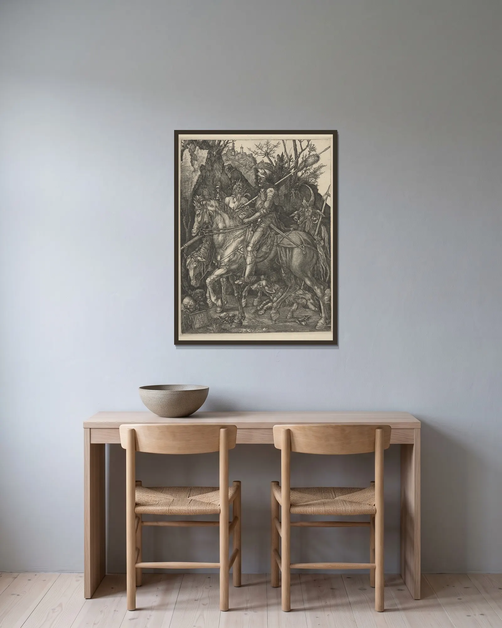 Knight, death and the devil – nr 1 av Albrecht Dürer inramad på en vägg