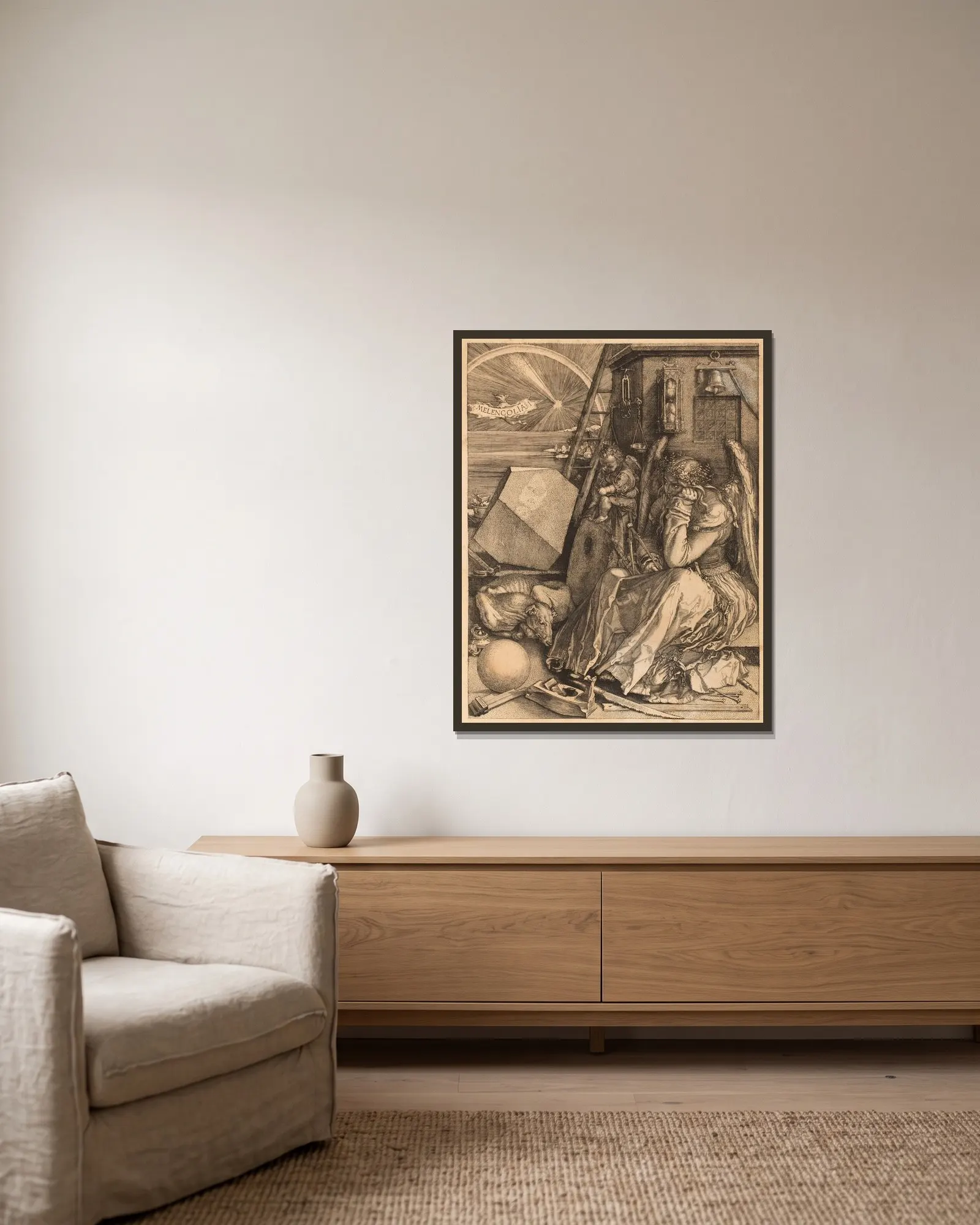 Melancholy av Albrecht Dürer inramad på en vägg