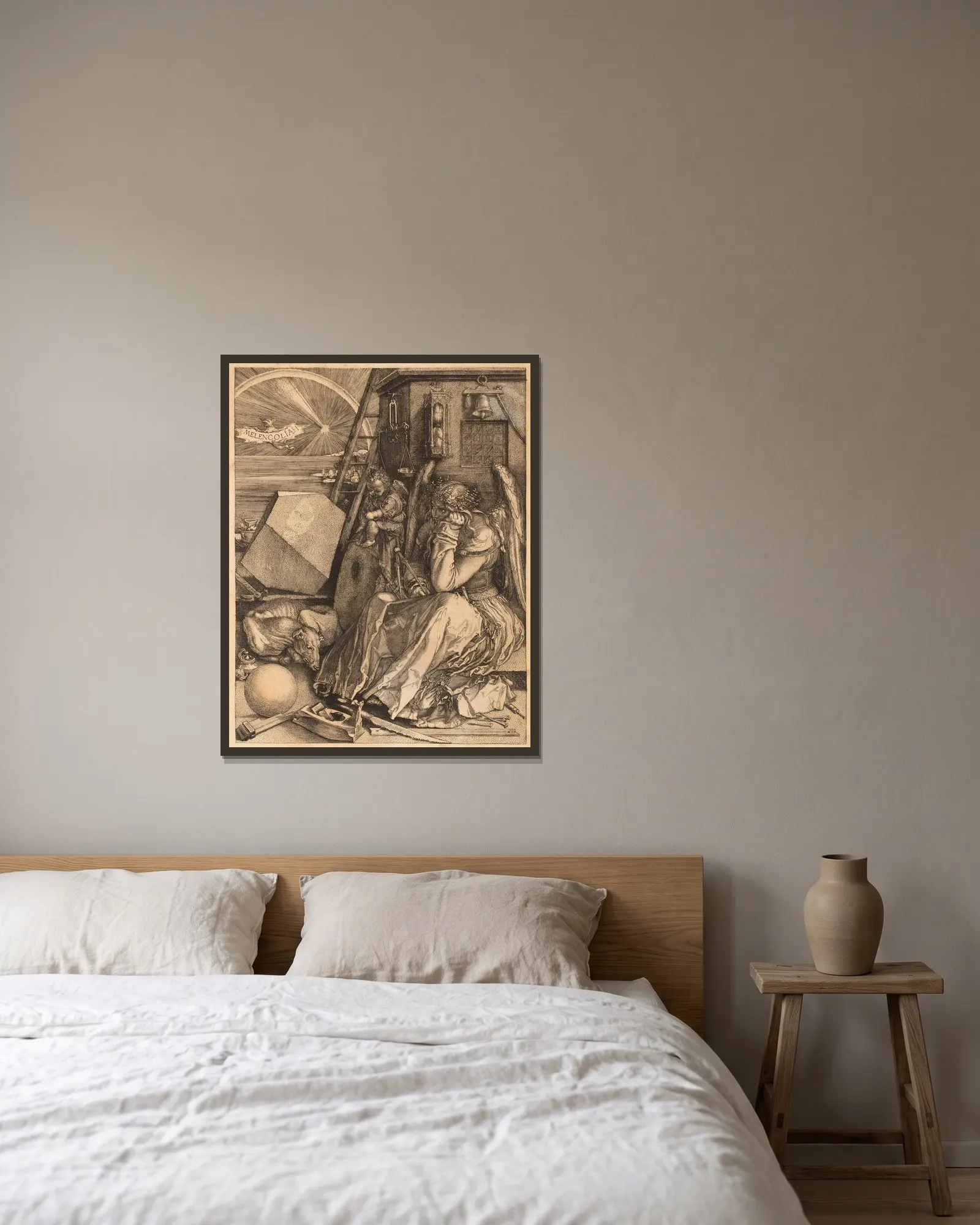 Melancholy av Albrecht Dürer inramad på en vägg