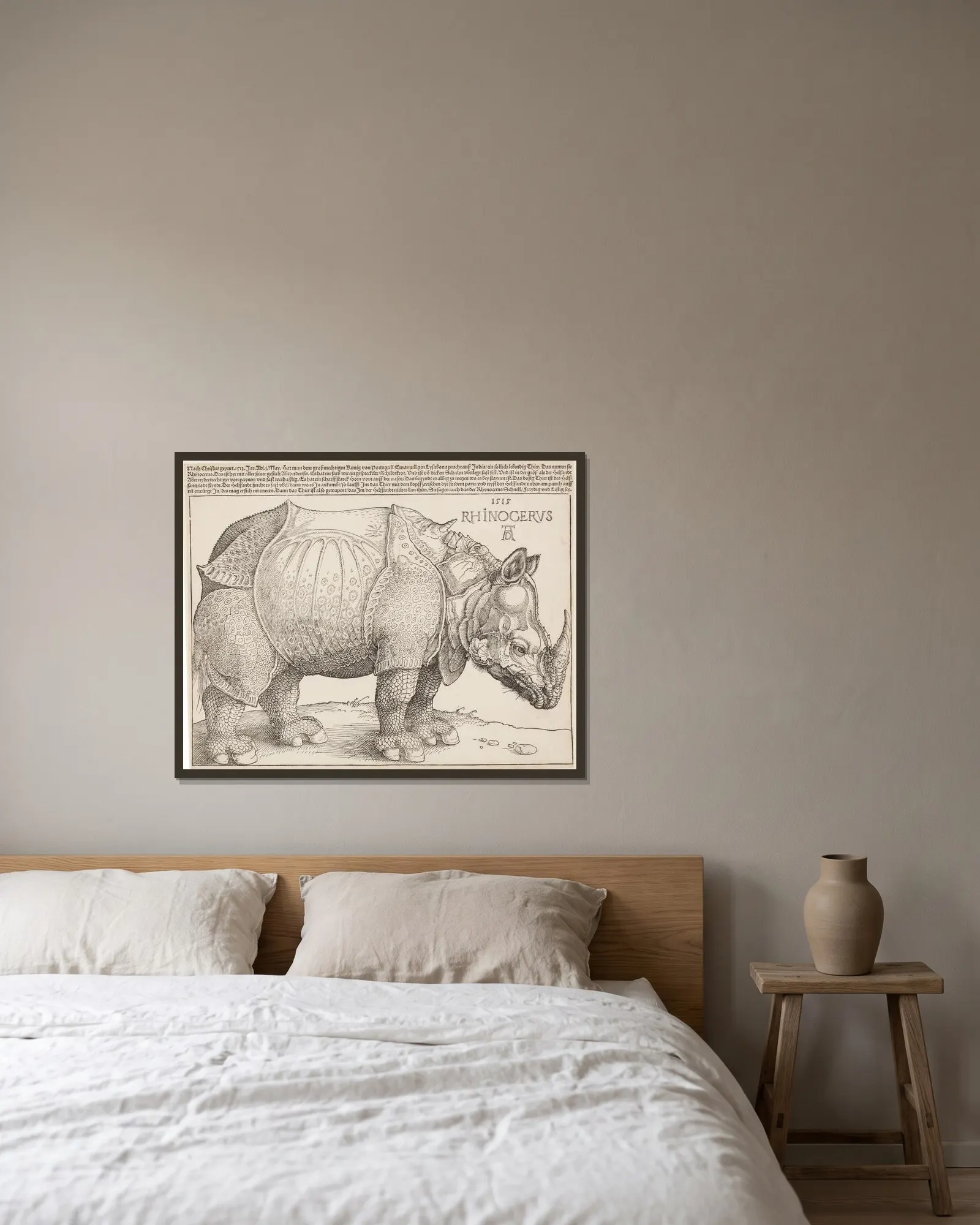 Rhinocerus (Das Rhinozeros) av Albrecht Dürer inramad på en vägg