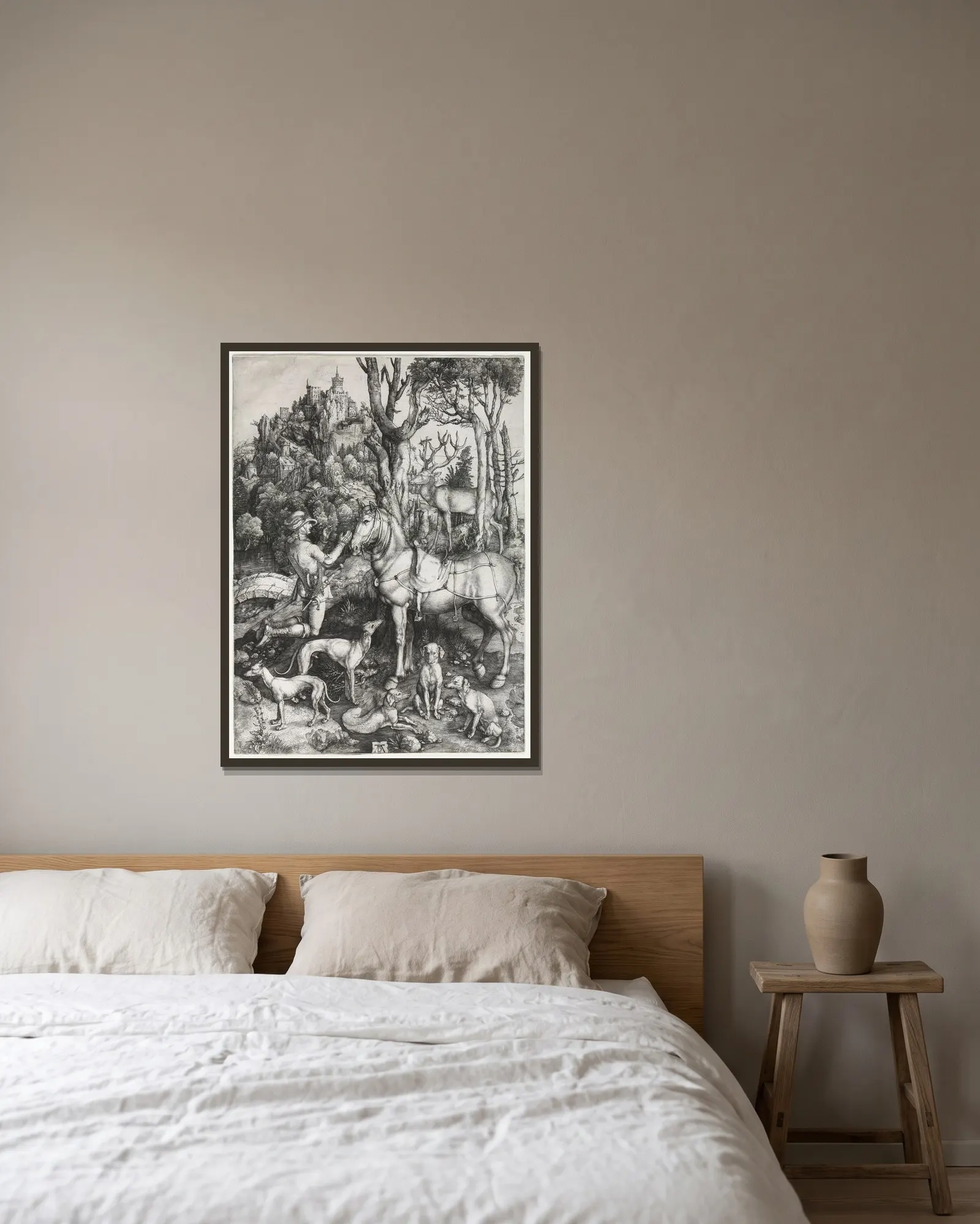 Saint Eustace av Albrecht Dürer inramad på en vägg