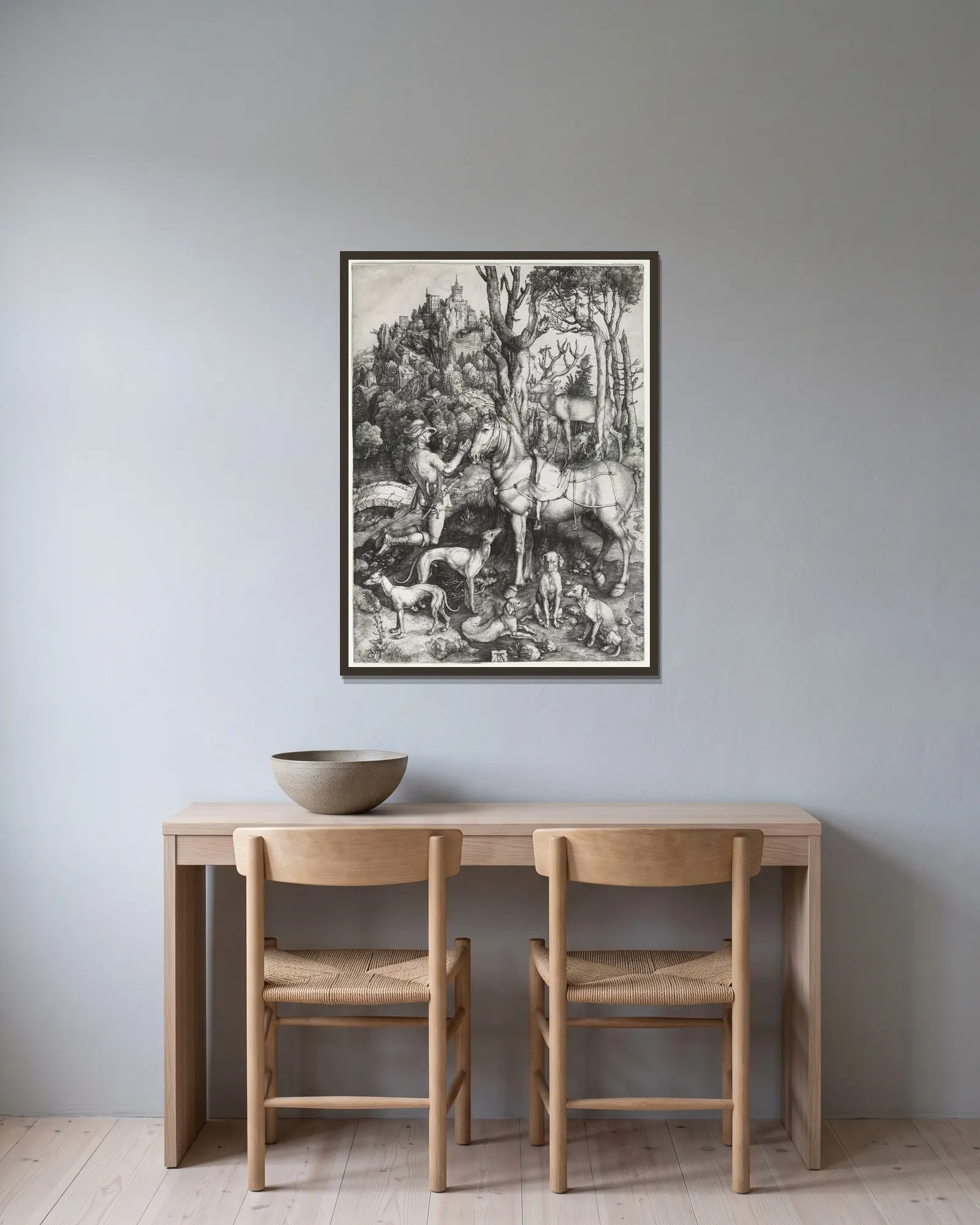 Saint Eustace av Albrecht Dürer inramad på en vägg