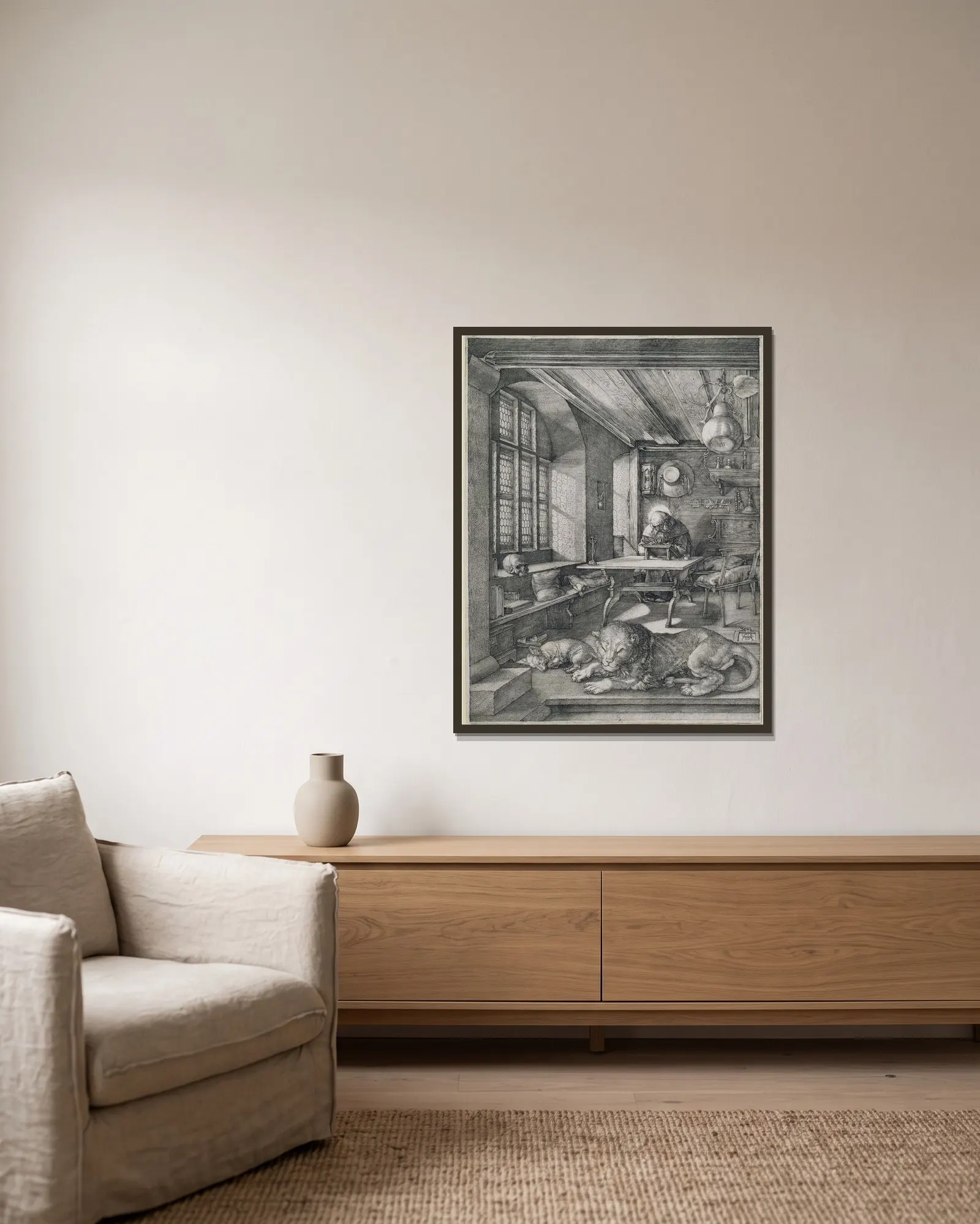 Saint Jerome in his Study av Albrecht Dürer inramad på en vägg