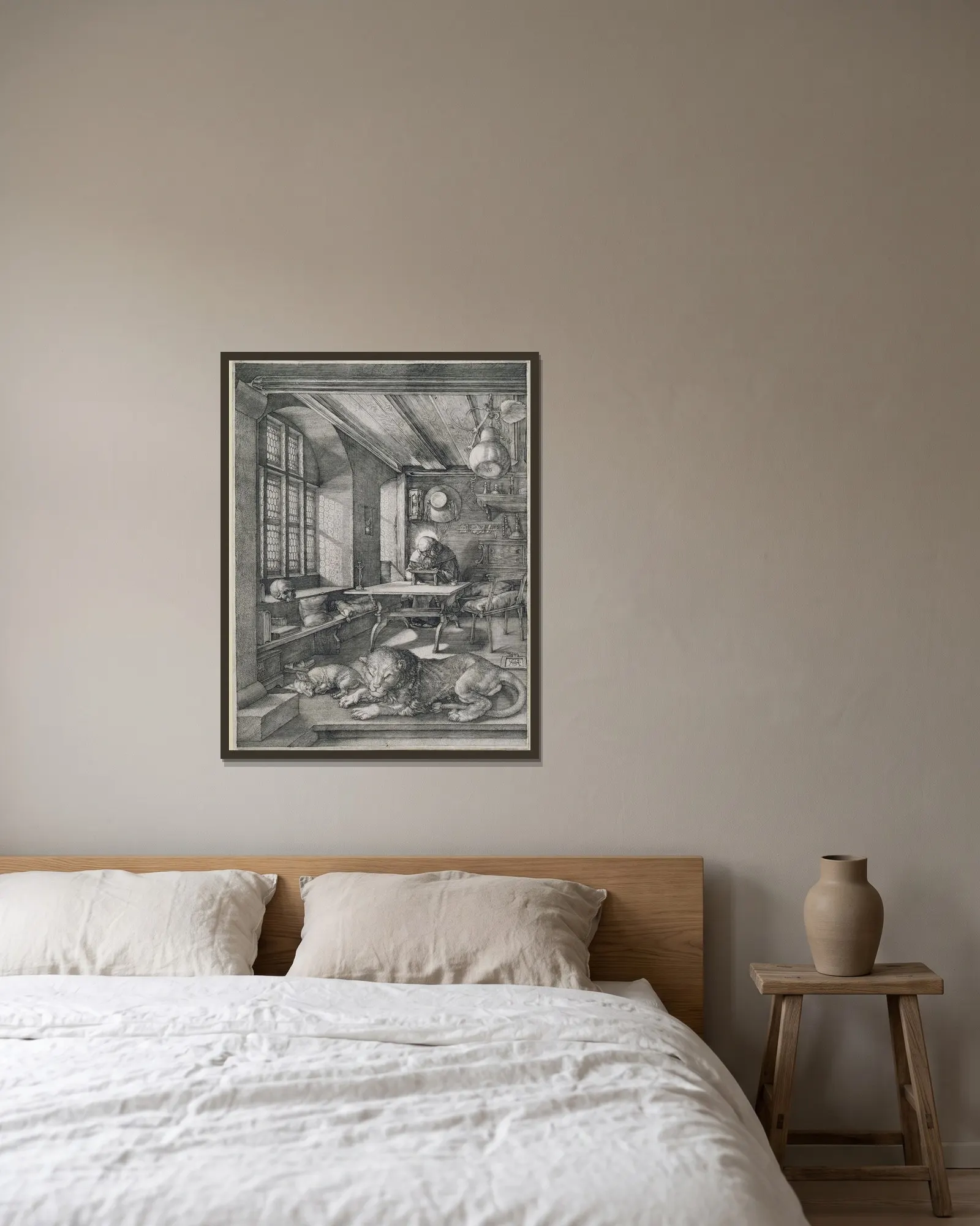 Saint Jerome in his Study av Albrecht Dürer inramad på en vägg