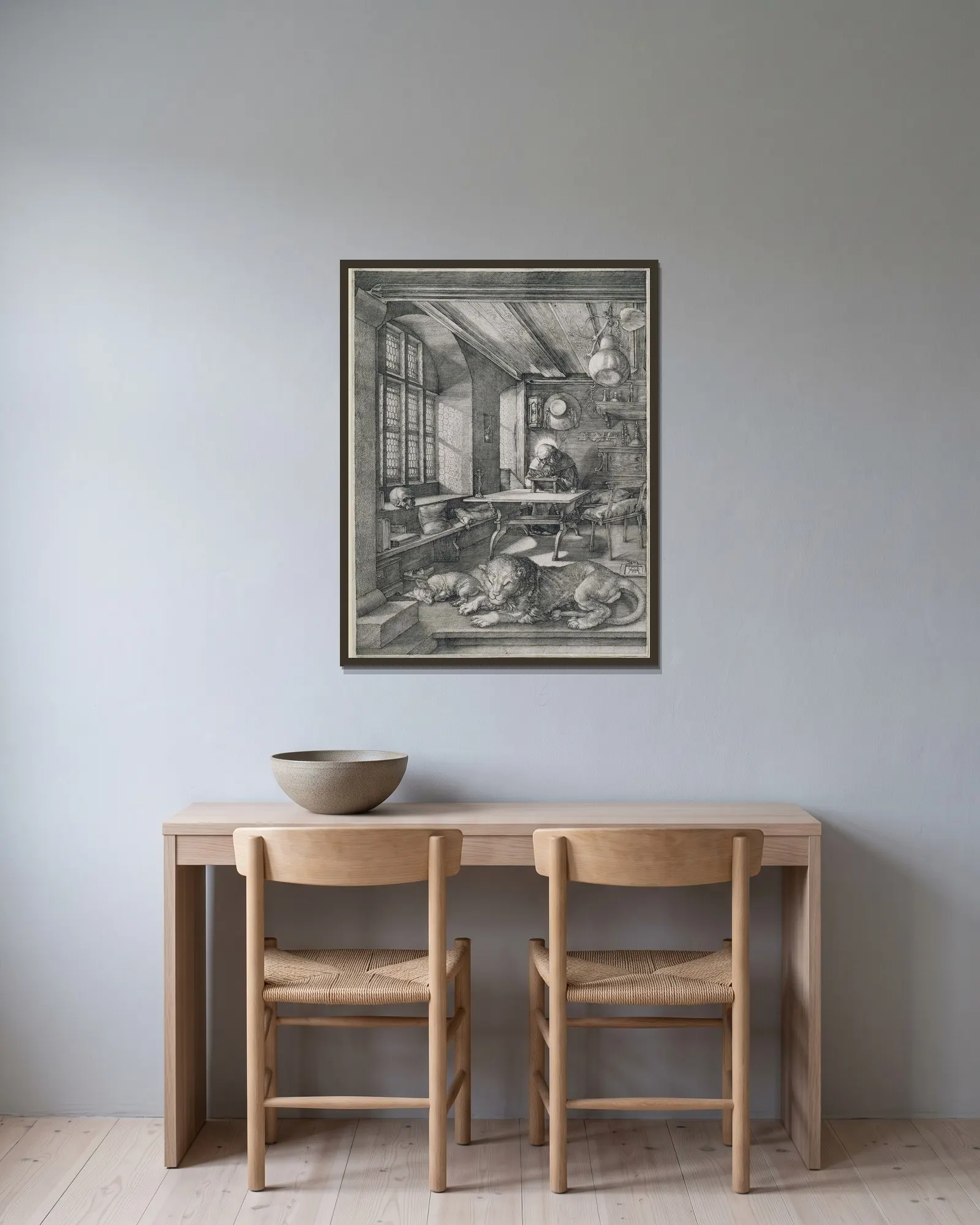 Saint Jerome in his Study av Albrecht Dürer inramad på en vägg