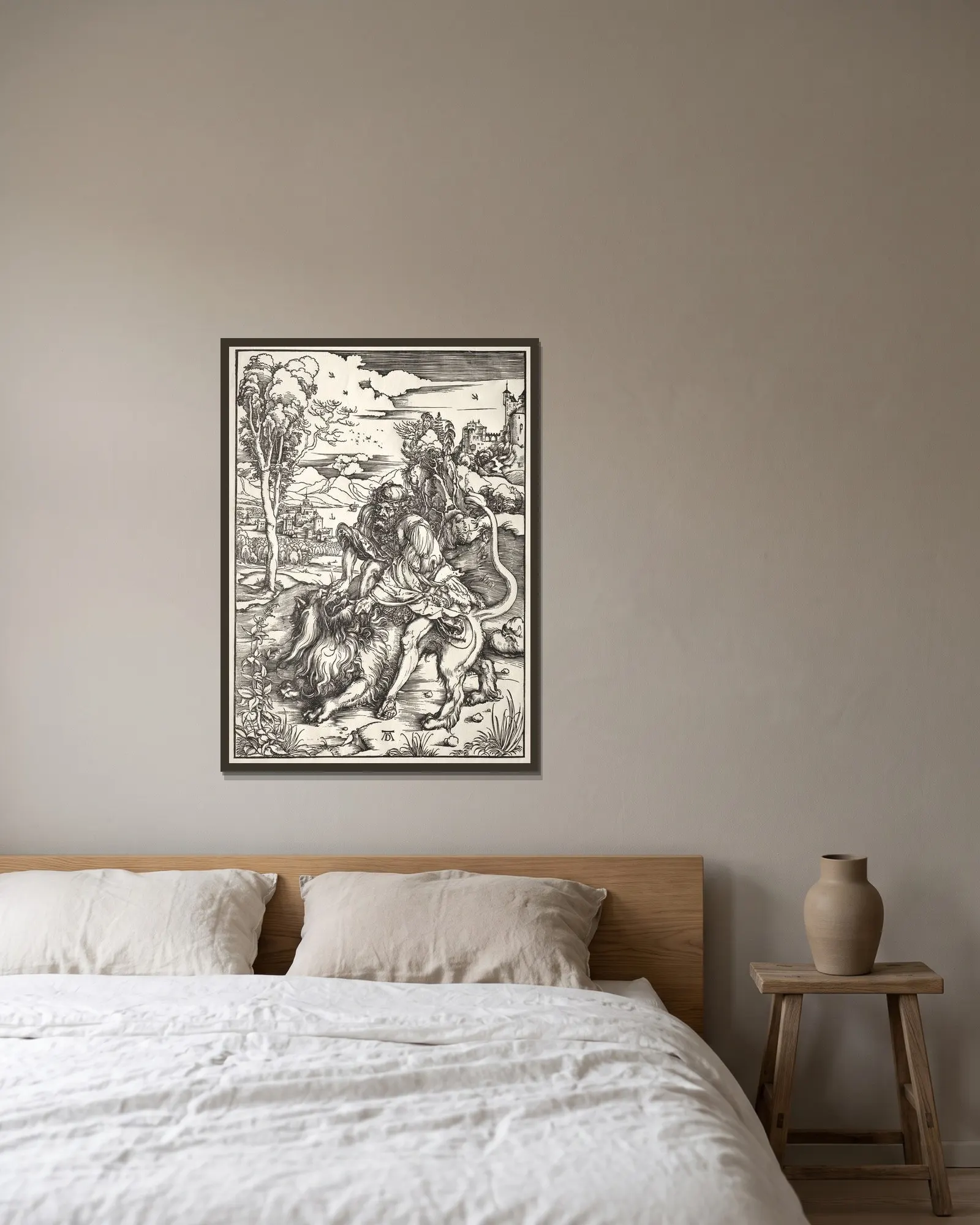 Samson and the Lion av Albrecht Dürer inramad på en vägg