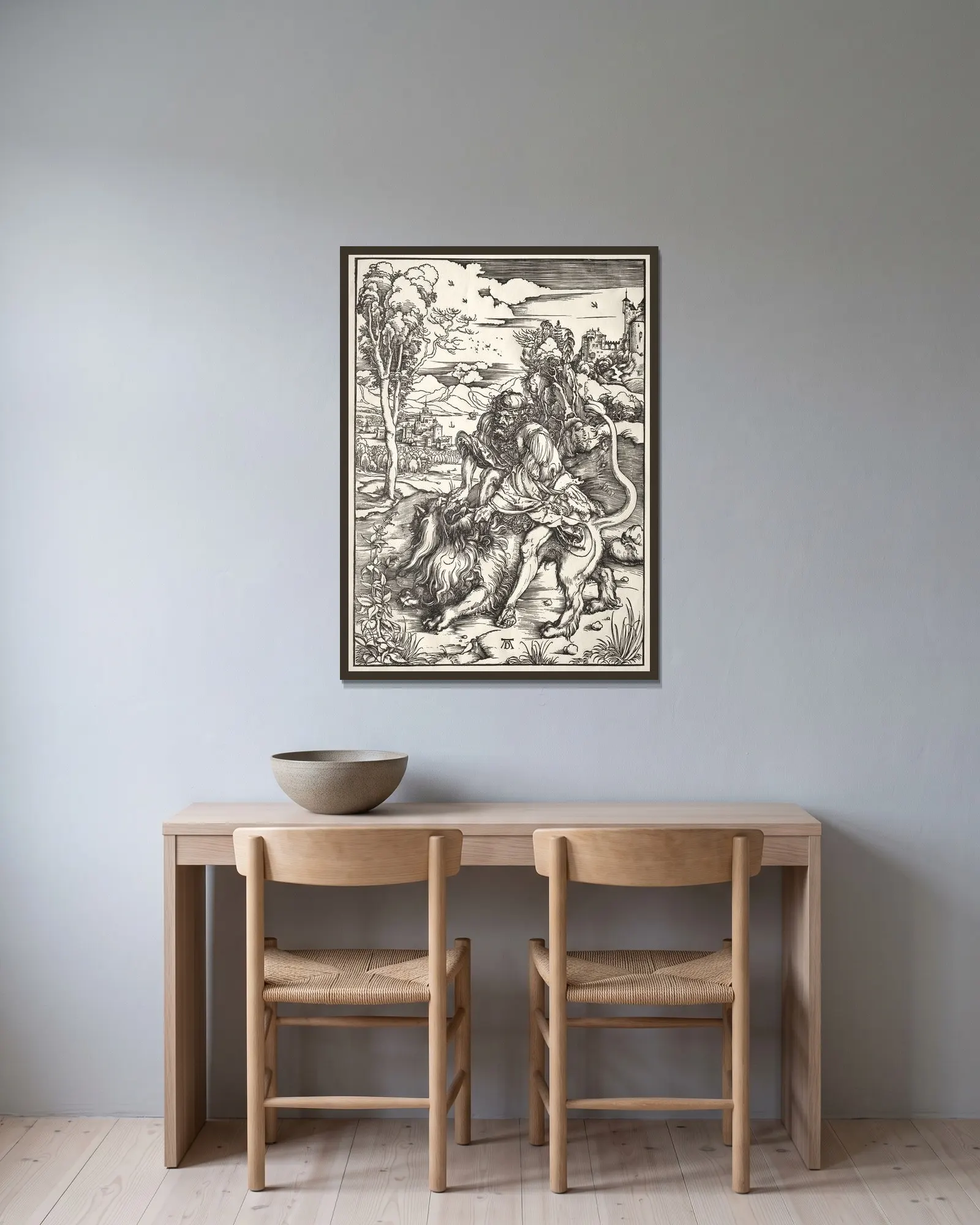 Samson and the Lion av Albrecht Dürer inramad på en vägg