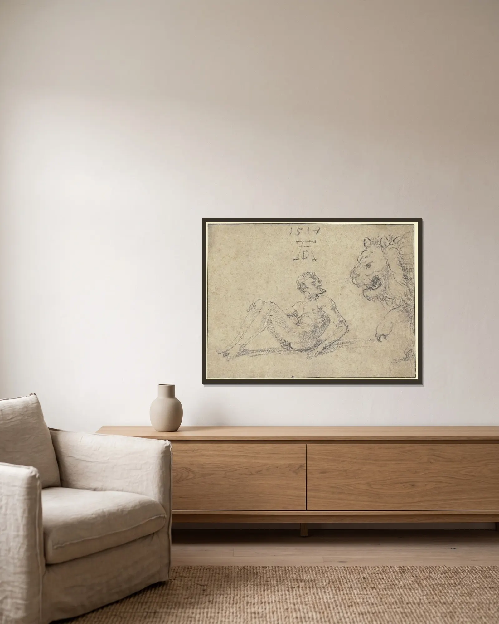 Sitzender nackter Mann mit einem Löwen av Albrecht Dürer inramad på en vägg