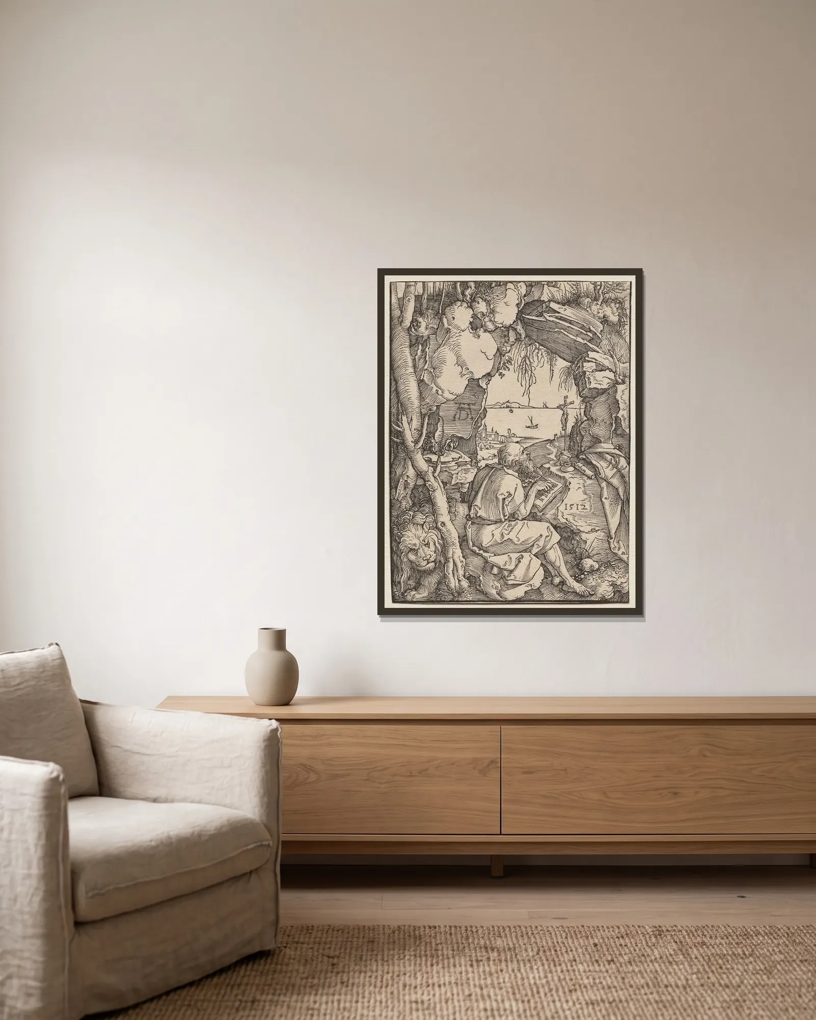 St. Jerome in a Cave av Albrecht Dürer inramad på en vägg