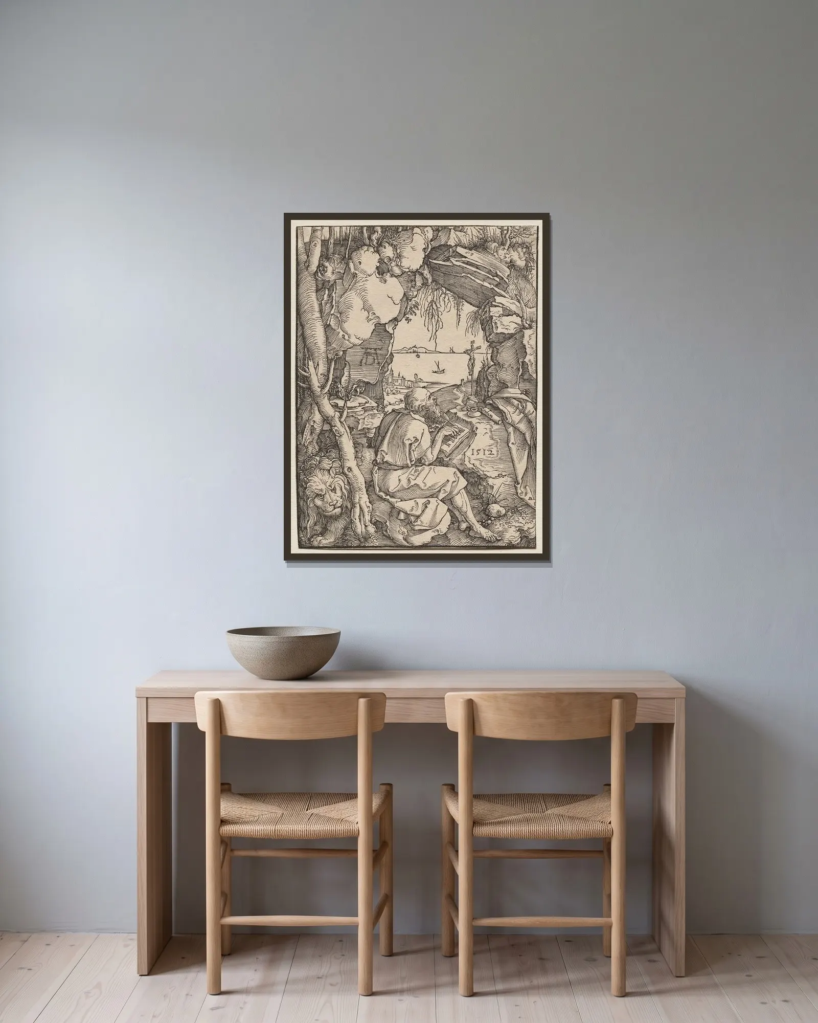 St. Jerome in a Cave av Albrecht Dürer inramad på en vägg