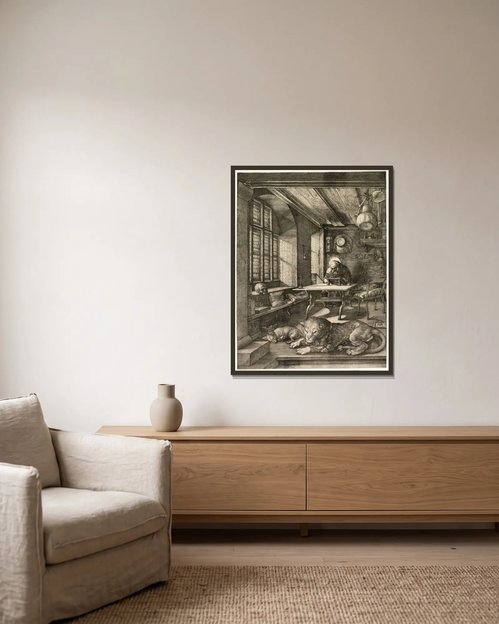 St. Jerome in his Study av Albrecht Dürer inramad på en vägg