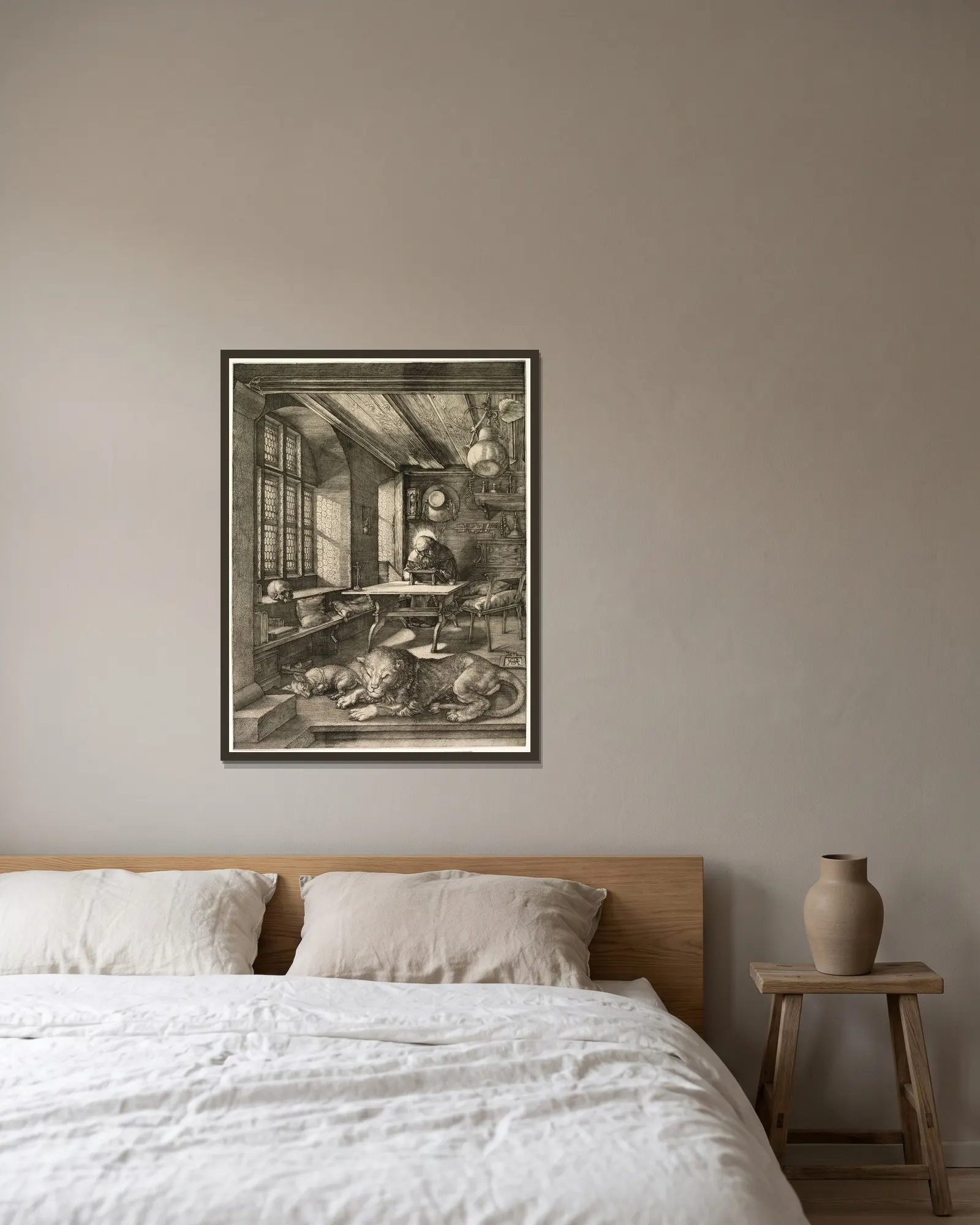 St. Jerome in his Study av Albrecht Dürer inramad på en vägg