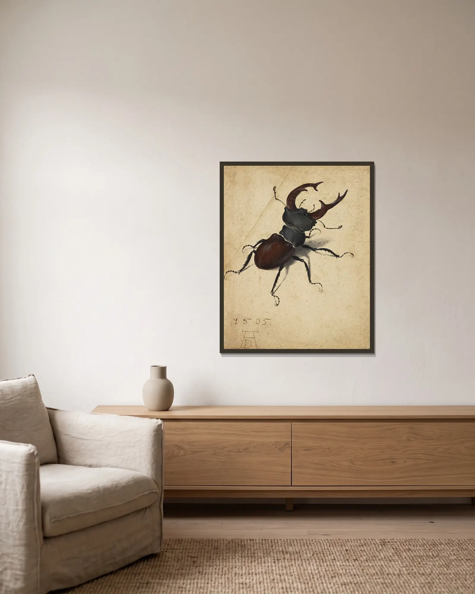 Stag Beetle av Albrecht Dürer inramad på en vägg
